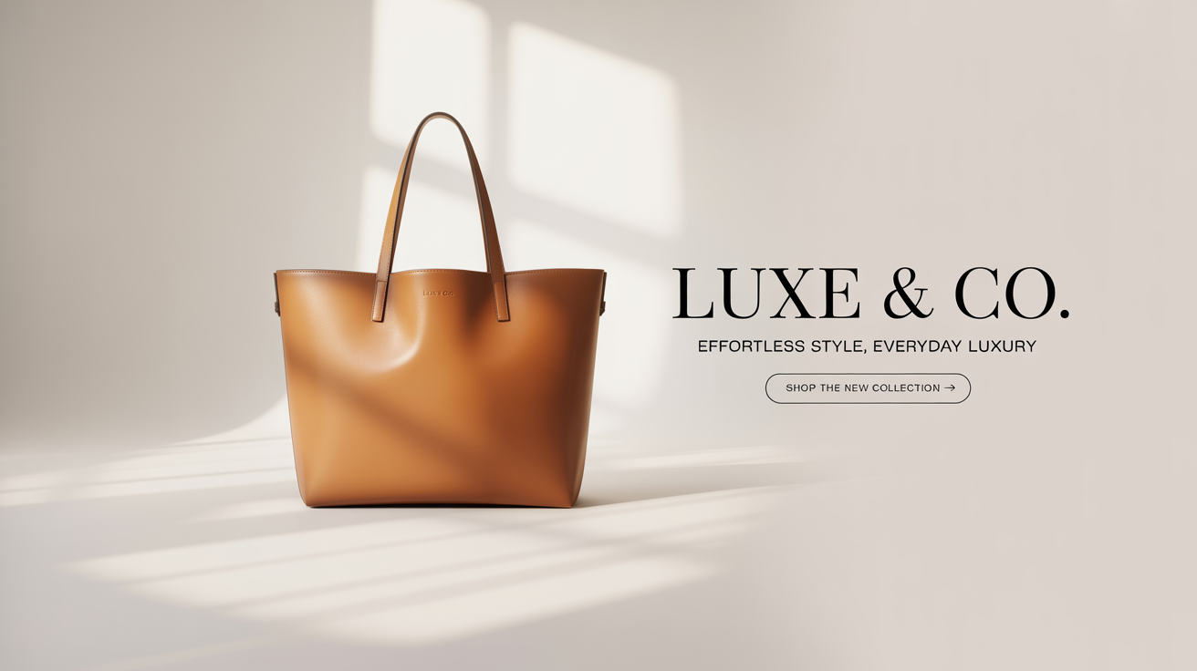 A mockup of an e-commerce Facebook cover for a luxury brand named 'Luxe & Co.', featuring a tan leather tote bag on a beige background with the tagline 'Effortless Style, Everyday Luxury'.