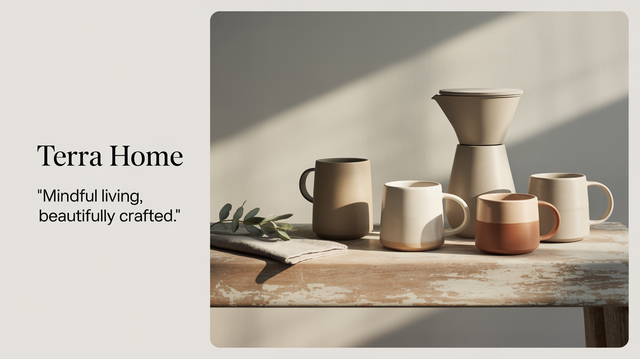 A mockup of an ecommerce Facebook cover for 'TERRA HOME,' a home goods brand. The design features a photo of ceramic mugs and a coffee maker, with the brand name and tagline on a clean background.