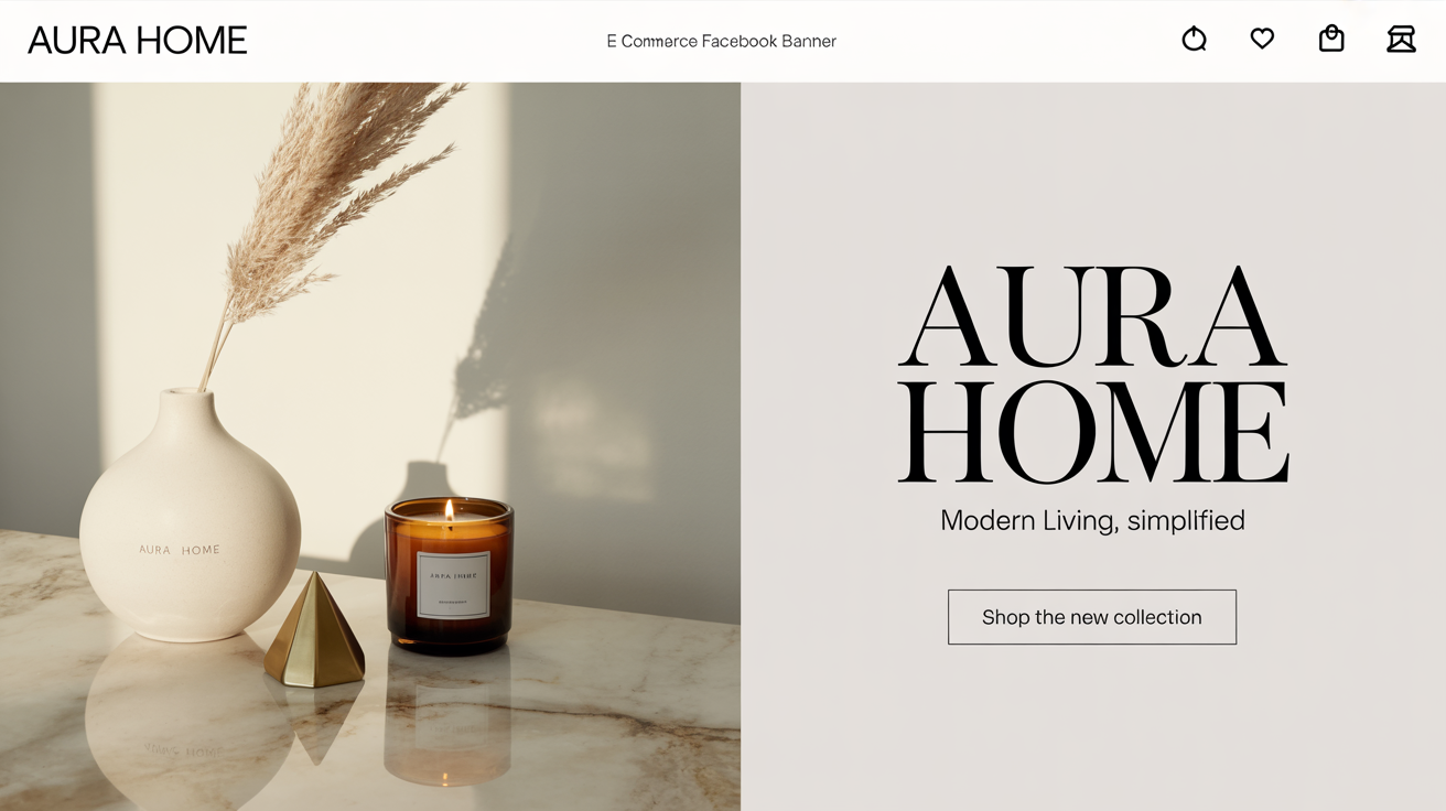 A mockup of an e-commerce Facebook cover for a home decor brand named 'AURA HOME'. The banner shows minimalist products like a vase and a candle, with the tagline 'Modern Living, Simplified'.