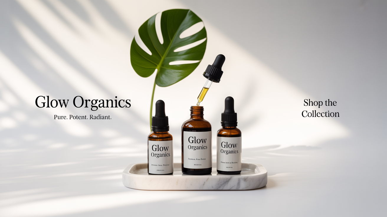 An ecommerce Facebook cover mockup for a skincare brand called 'Glow Organics'. It shows three amber dropper bottles on a white background with a monstera leaf, with text that reads 'Glow Organics' and 'Shop The Collection'.