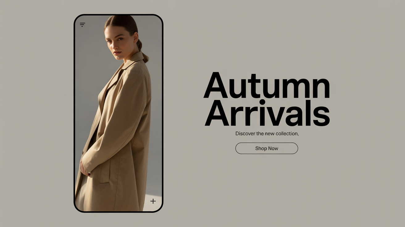 An e-commerce Facebook cover mockup for a fashion brand. On the left is a model in a beige trench coat, and on the right is text that reads 'Autumn Arrivals, Discover the New Collection, Shop Now'.