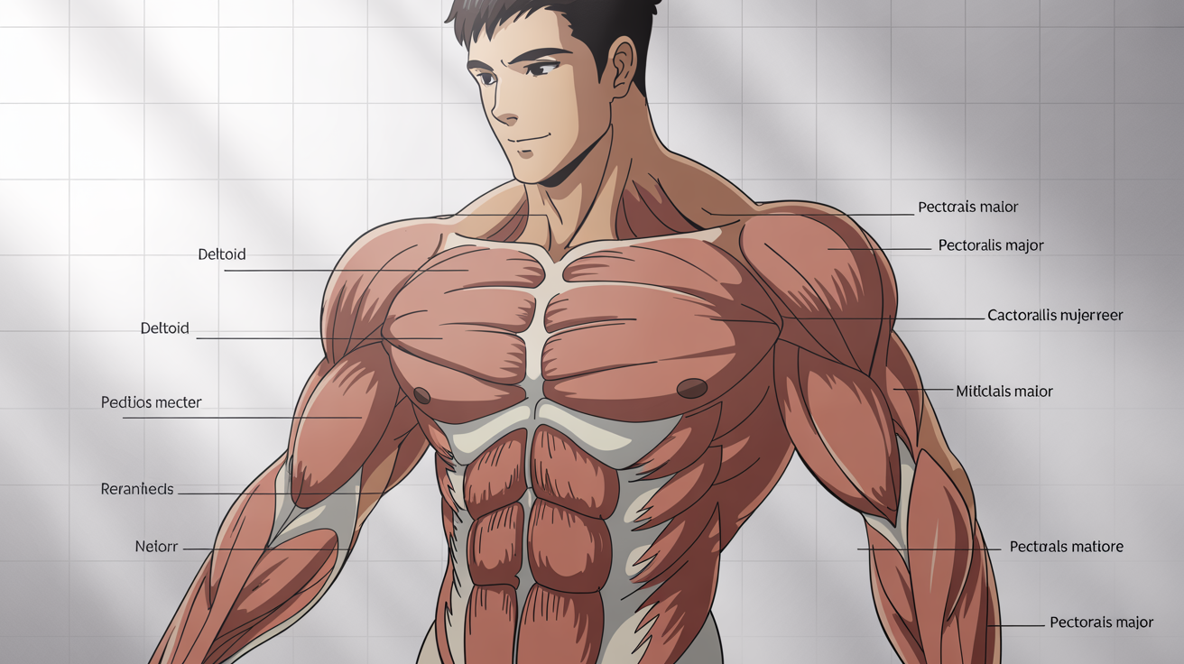An educational hero image showing an anime muscle anatomy guide, featuring a muscular male anime character with labels pointing to different muscle groups on his body.