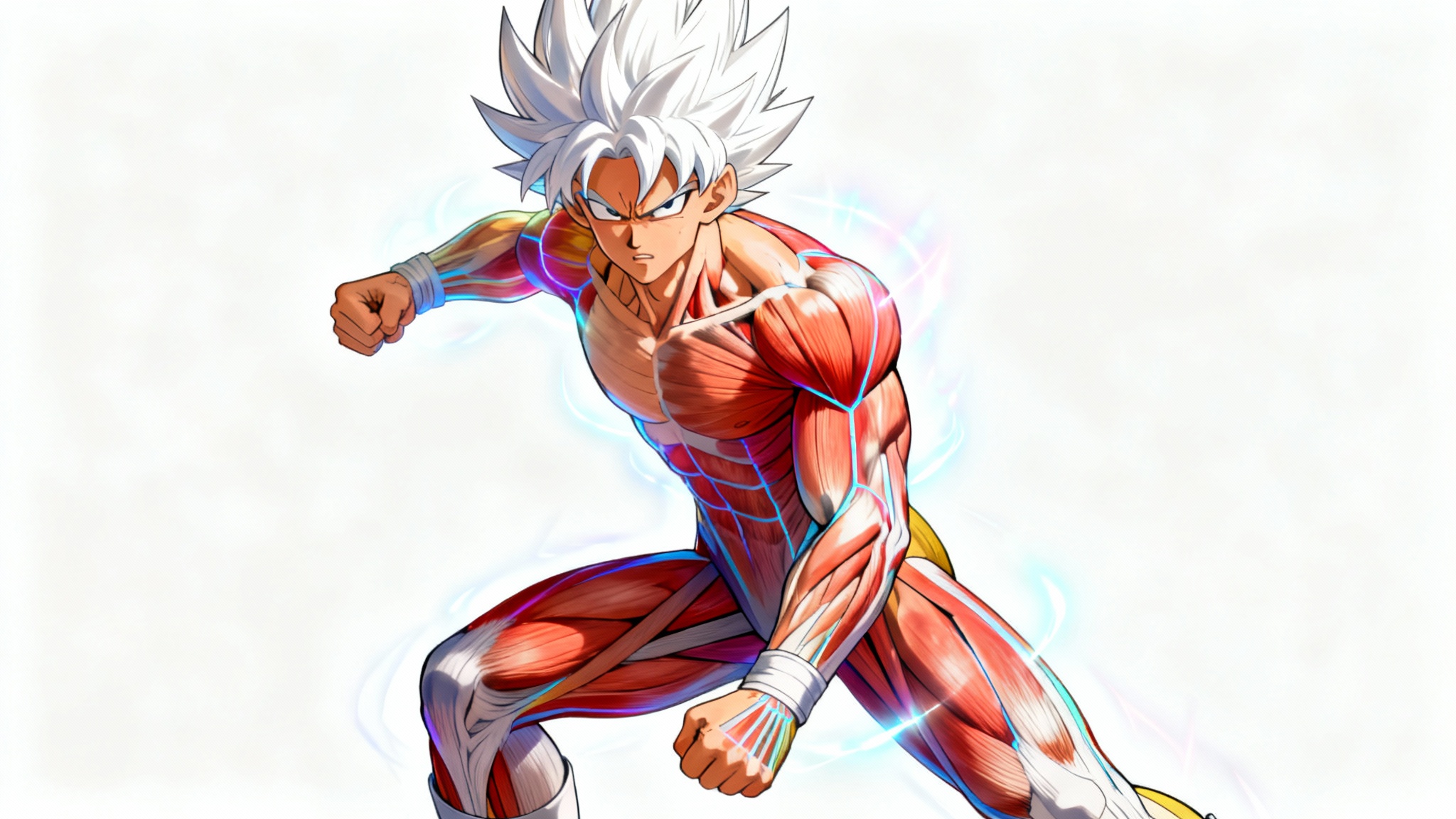 An anime character in an action pose, with detailed anatomical diagrams of his muscles drawn over his body, illustrating anime muscle anatomy.