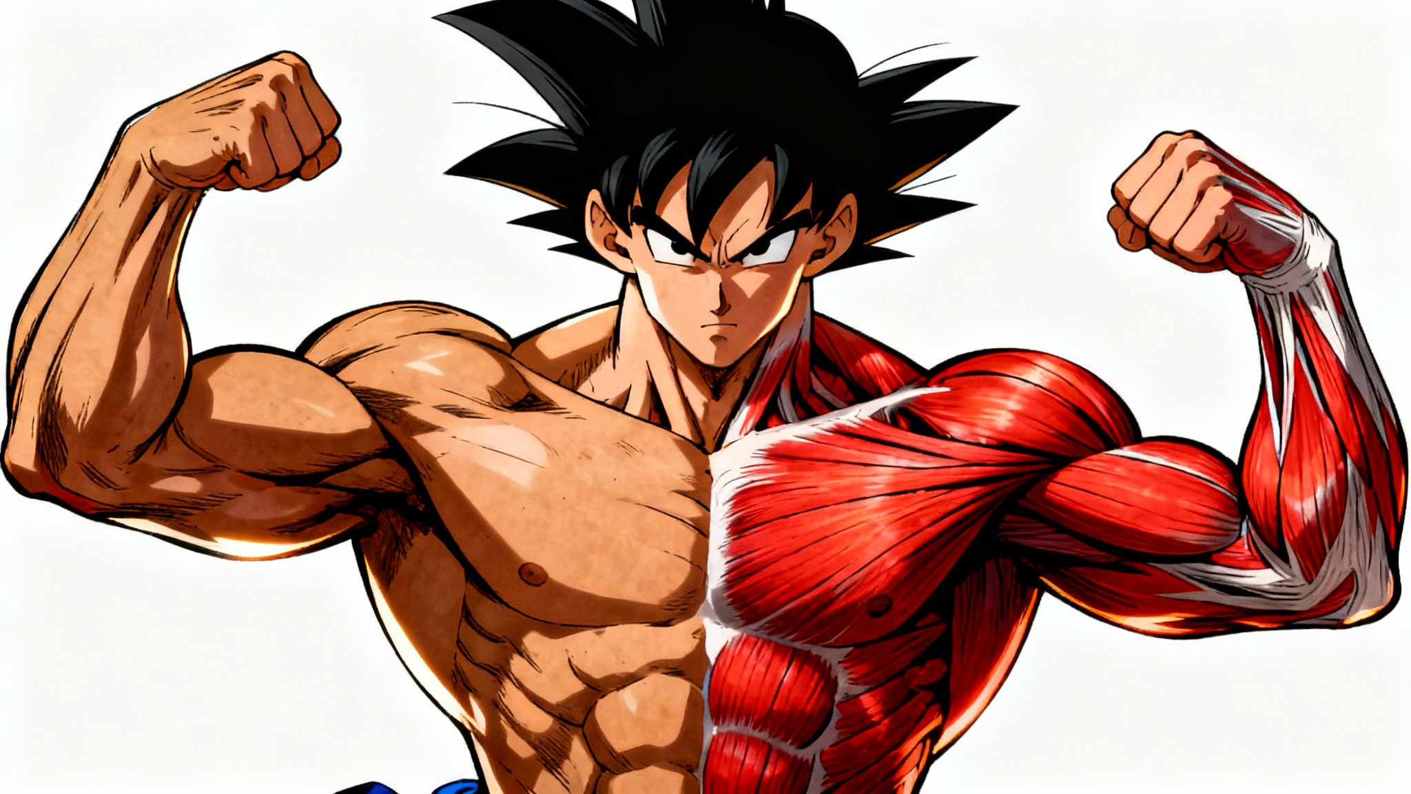 An anime-style anatomical illustration of a muscular male character, with one side showing his skin and the other revealing the detailed muscle structure underneath against a white background.