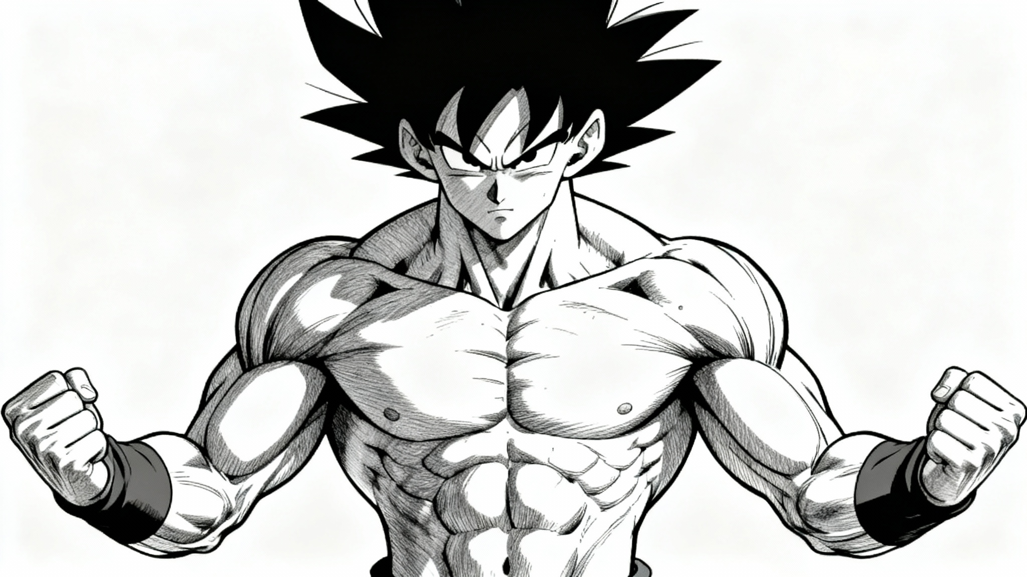 An anatomical illustration of a muscular male anime character, detailing the muscle structure of the torso and arms in a dynamic pose against a plain white background.