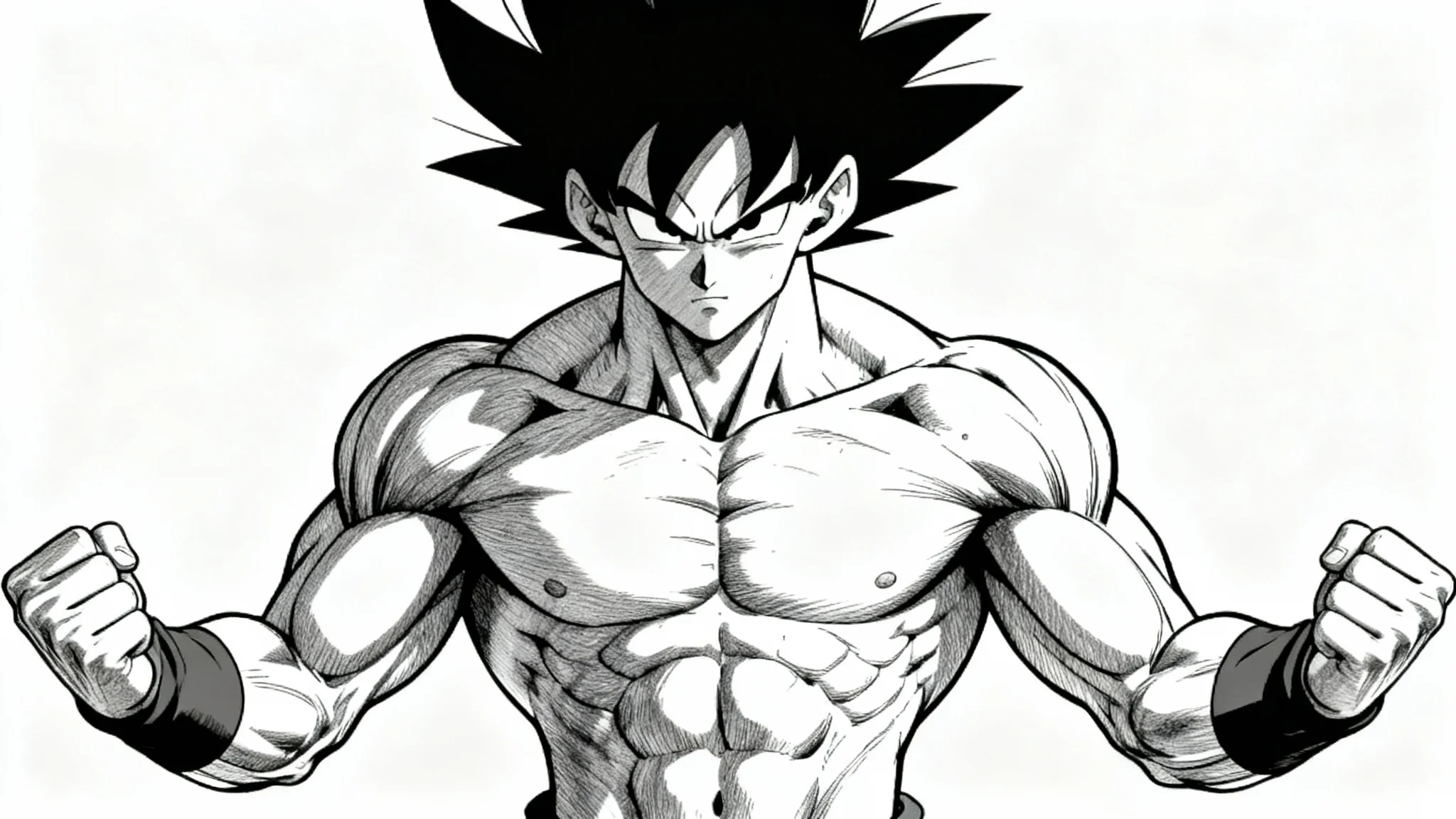 An anatomical illustration of a muscular male anime character, detailing the muscle structure of the torso and arms in a dynamic pose against a plain white background.
