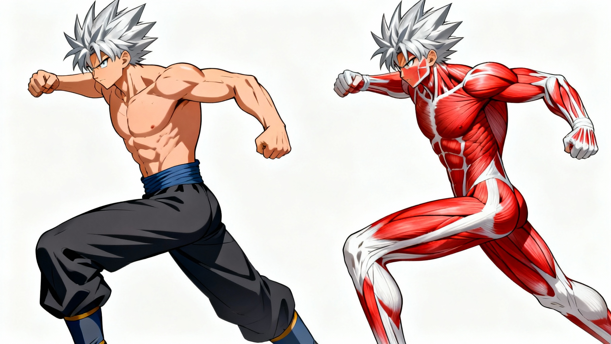 An anatomical illustration of a muscular male anime character in a dynamic pose, with one half of his body showing skin and the other revealing the underlying muscle structure, set against a plain white background.