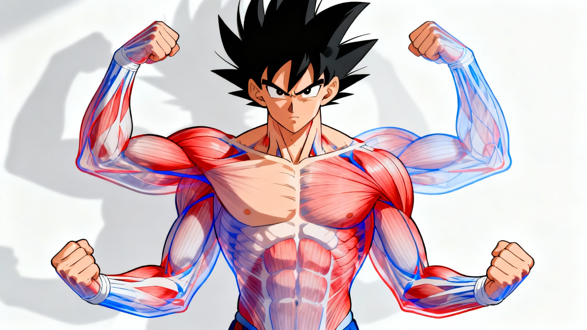 An anime-style illustration of a muscular male torso, showcasing detailed muscle anatomy with red and blue lines tracing the muscle groups, set against a plain white background.