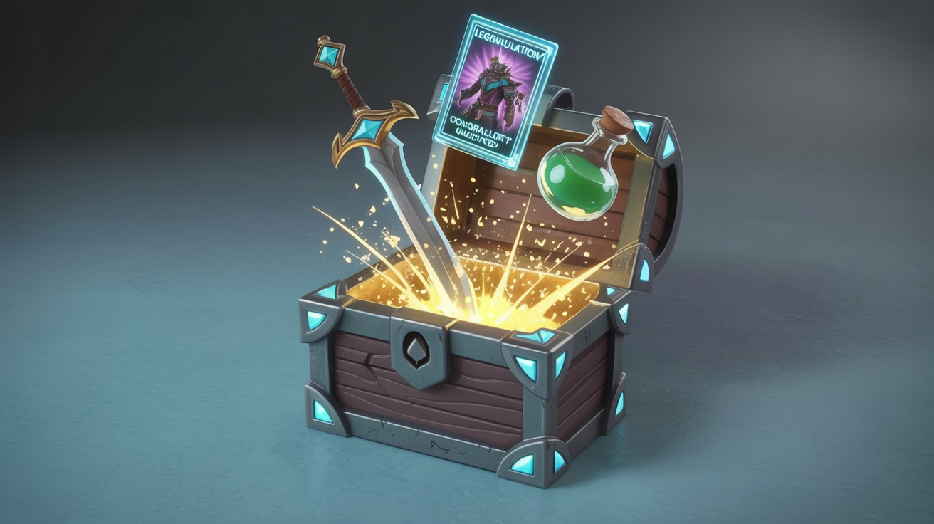 The climactic moment of a video game loot box opening, displayed in a 16:9 aspect ratio. An ornate chest bursts with golden light and confetti, revealing a legendary sword, a potion, and a character card floating in the air. Text on screen reads "Legendary Item Unlocked!" and "Congratulations!".