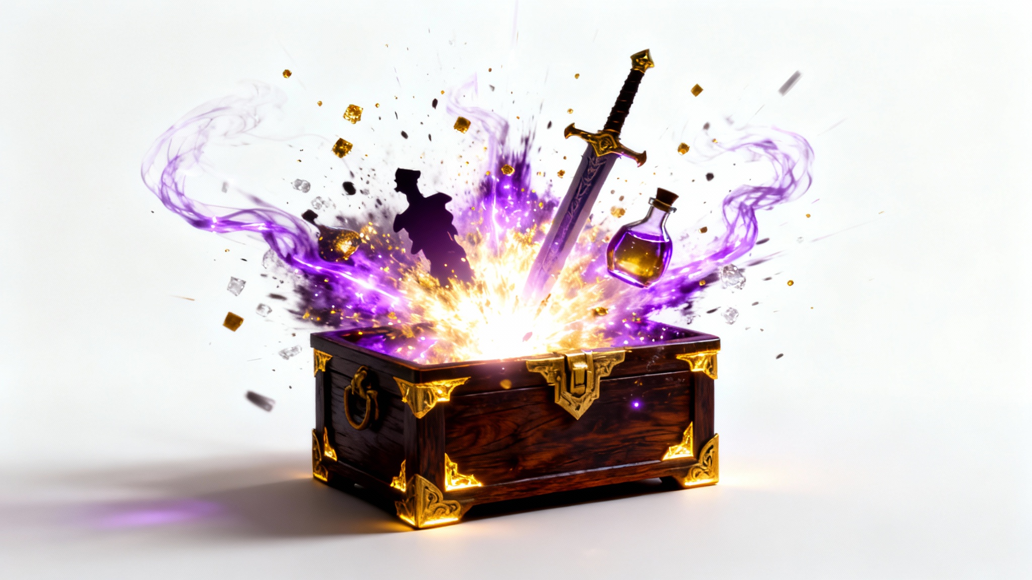 A fantasy-style loot box exploding with a flash of purple and gold light, revealing silhouettes of treasure inside, all set against a clean white background.