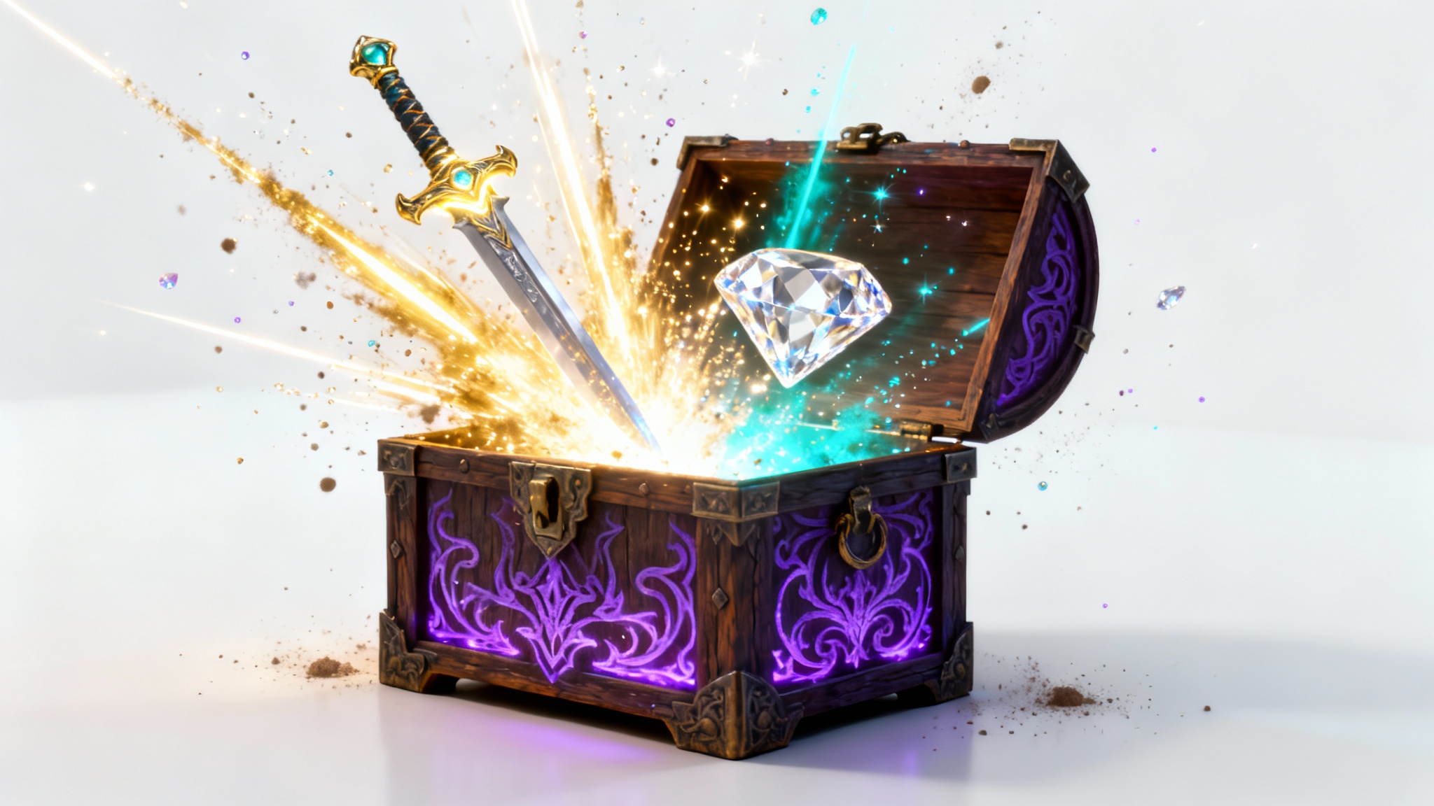 An ornate fantasy treasure chest exploding with bright light and magical particles, revealing a glowing sword and a large diamond, against a solid white background.