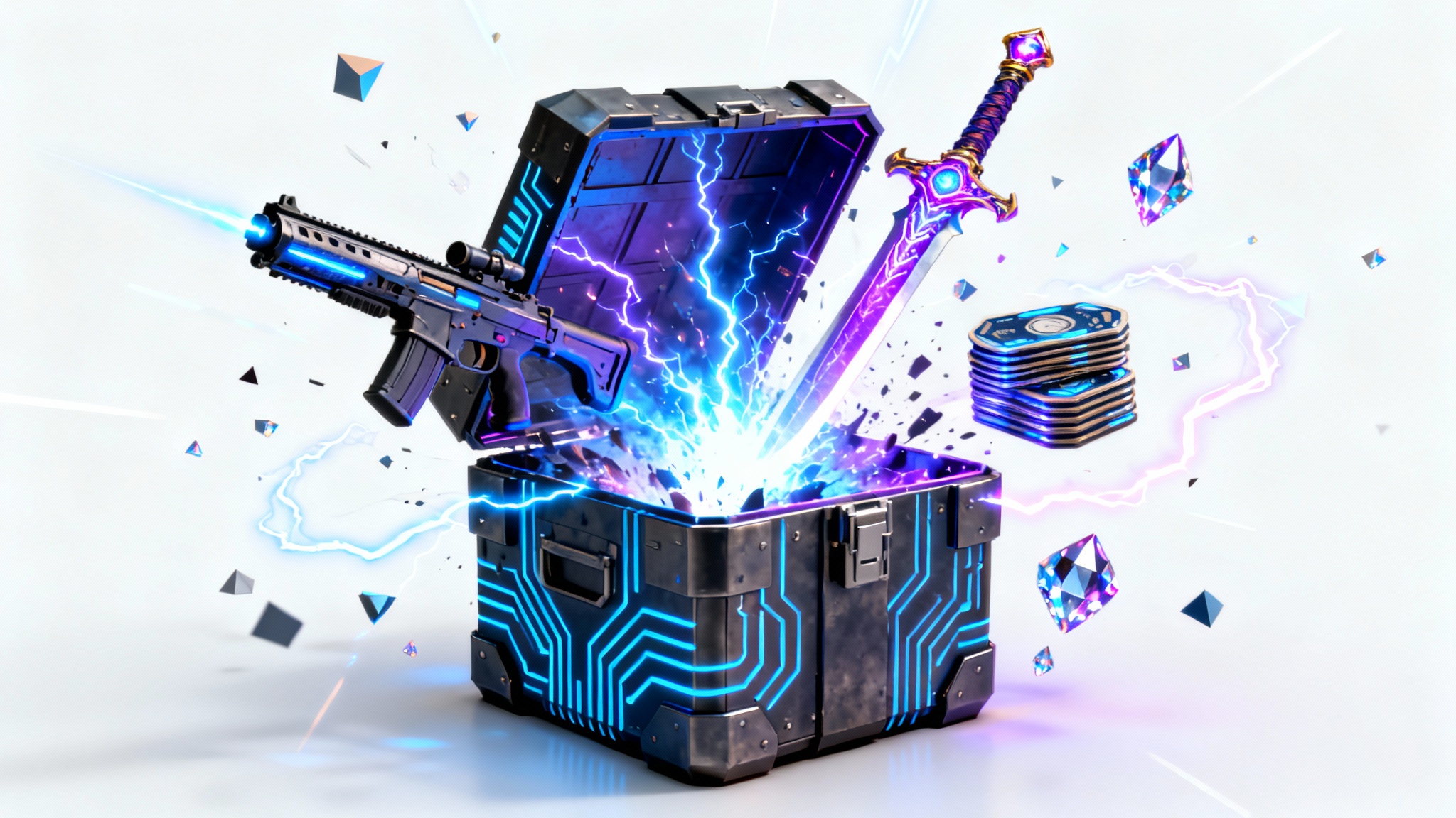 An illustration of a futuristic loot box exploding, revealing a plasma rifle, a glowing sword, and other valuable items against a plain white background.