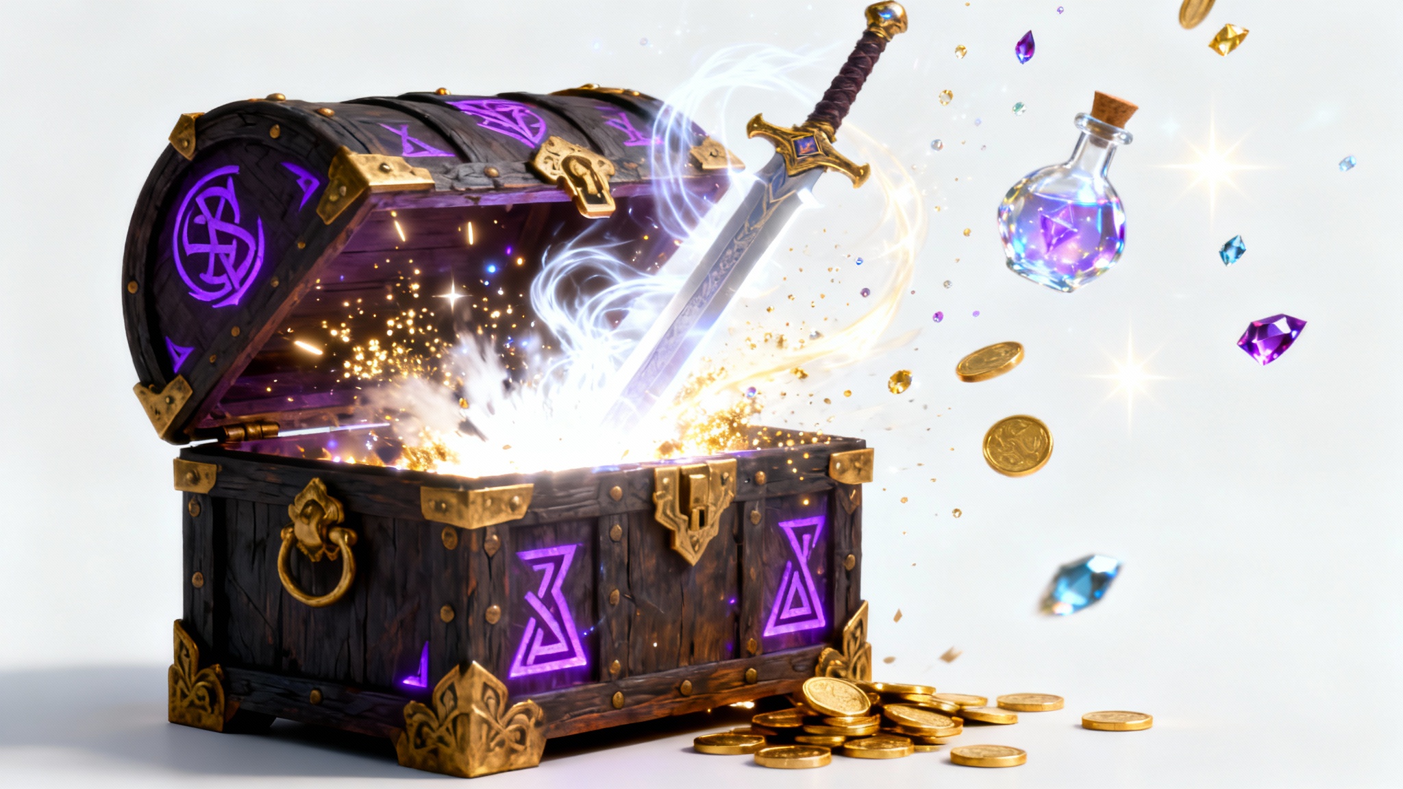 A fantasy loot box explodes open, revealing a glowing sword, a potion, and a shower of gold coins and gems, all captured in a dynamic 3D render against a white background.