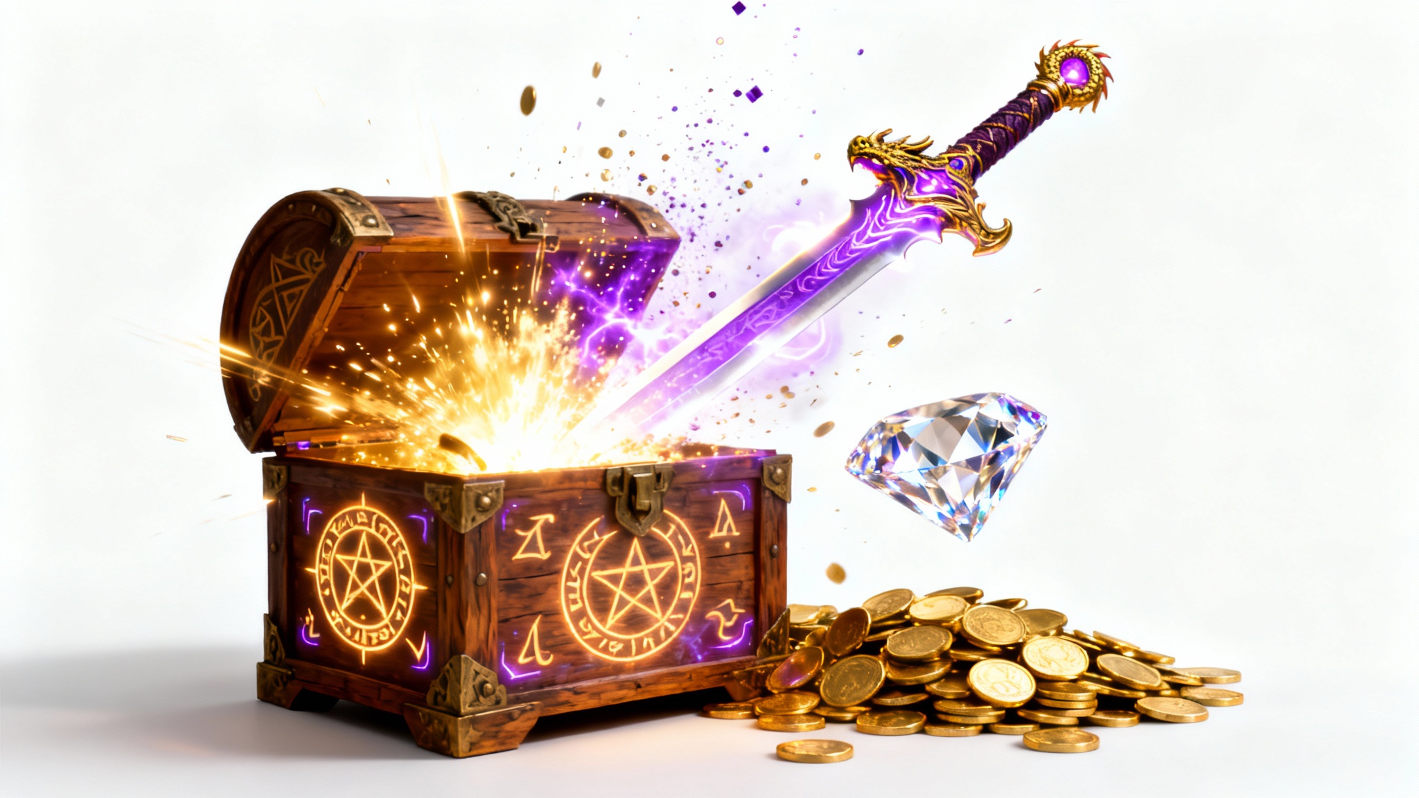An ornate magical treasure chest bursts open with a brilliant explosion of light and particles, revealing a glowing sword, a large diamond, and gold coins flying out against a clean white background.