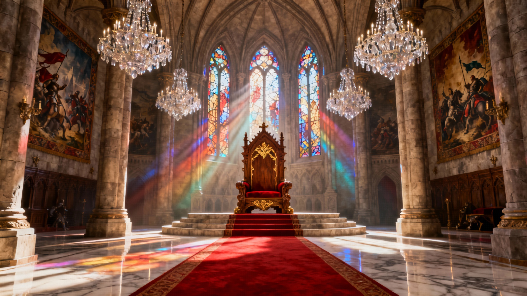 A majestic and grand castle throne room, viewed from a wide angle, featuring an ornate, empty throne on a platform, with dramatic light from stained glass windows illuminating the scene.