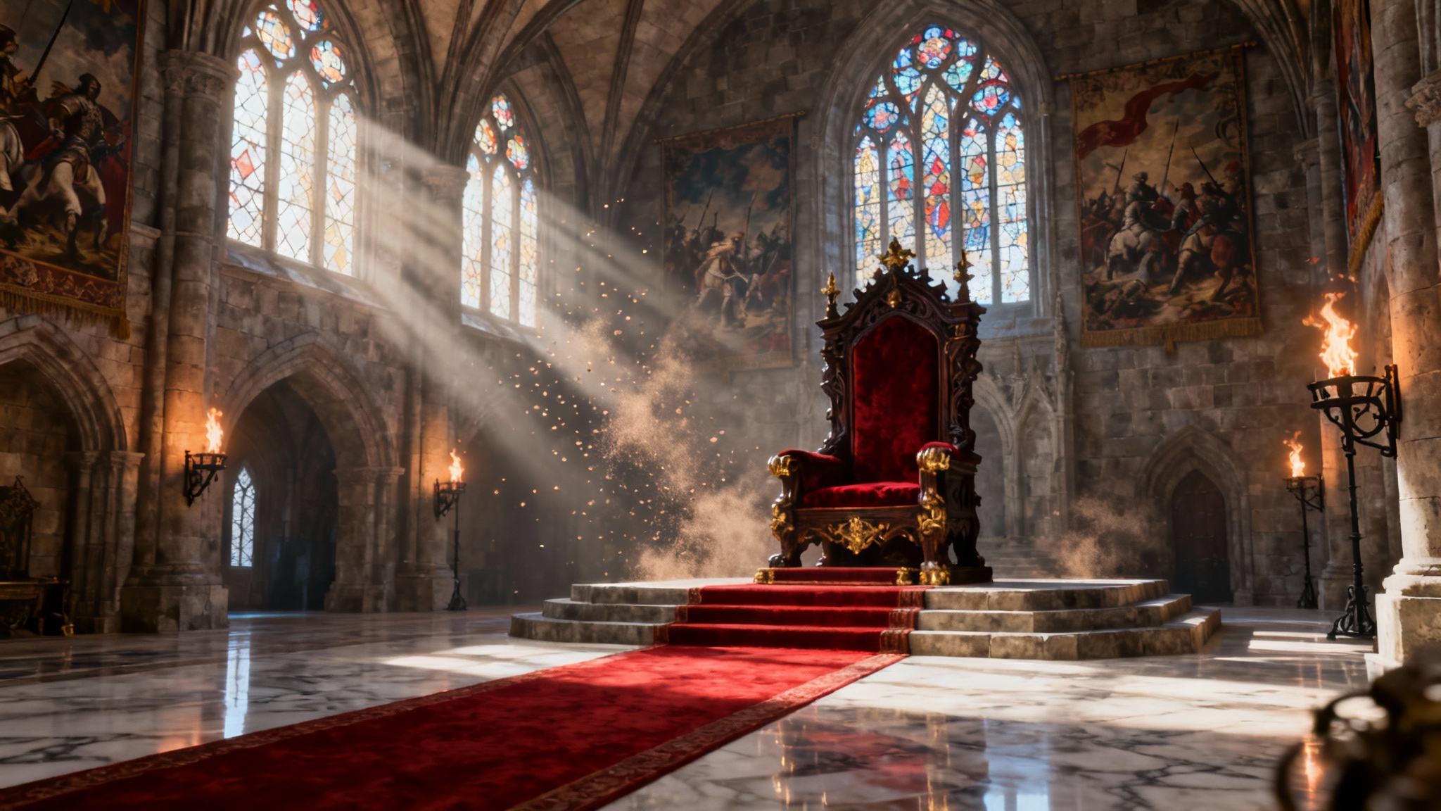 A majestic and empty castle throne room, with a grand throne on a raised platform, sunlight streaming through large stained-glass windows, and a long red carpet leading towards the throne.