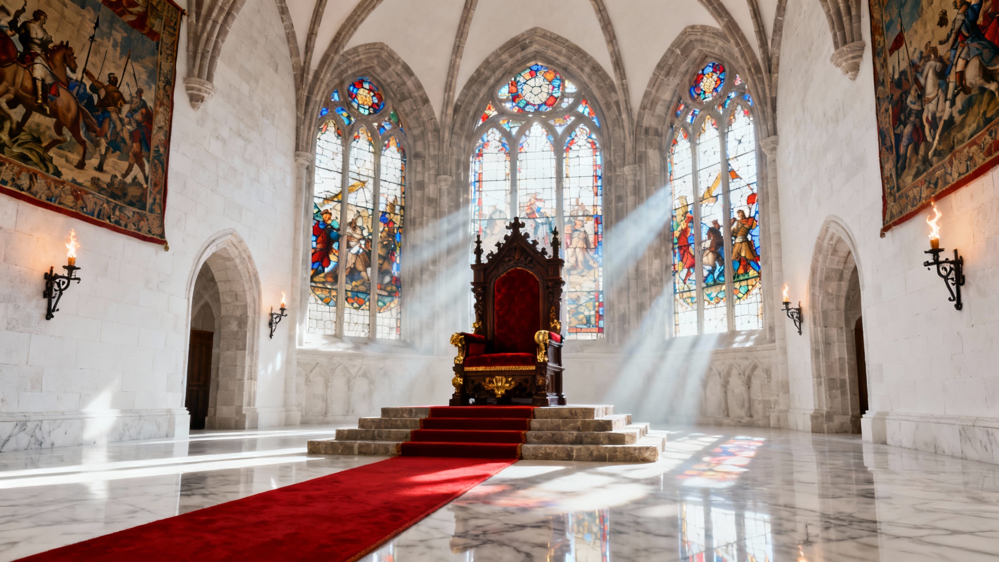 A photorealistic mockup of a grand castle throne room, featuring an ornate central throne on a dais, illuminated by light from stained glass windows, set against a plain white background.