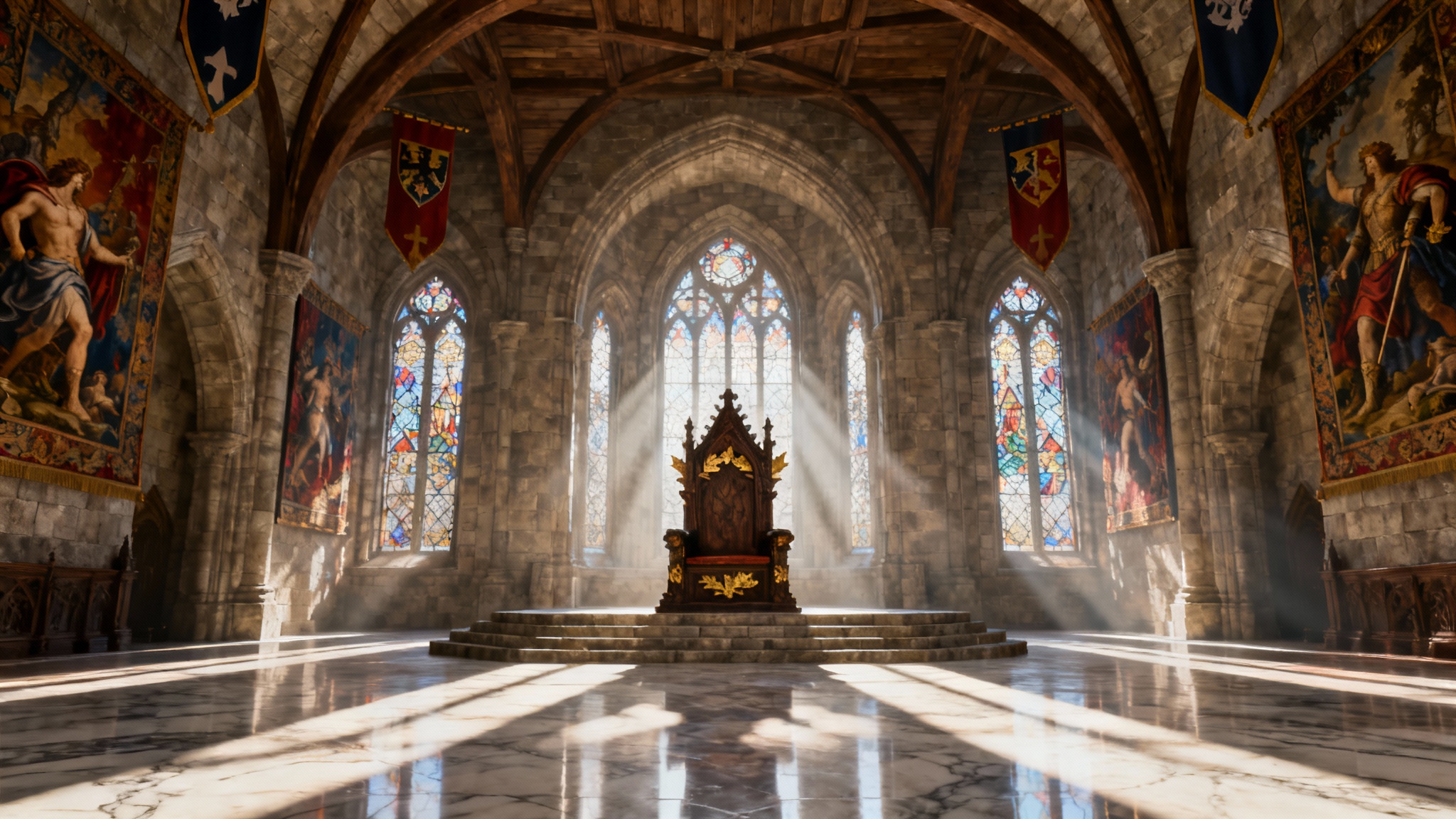 An empty, grand medieval throne room with an ornate throne on a dais, illuminated by dramatic light streaming through large stained-glass windows.