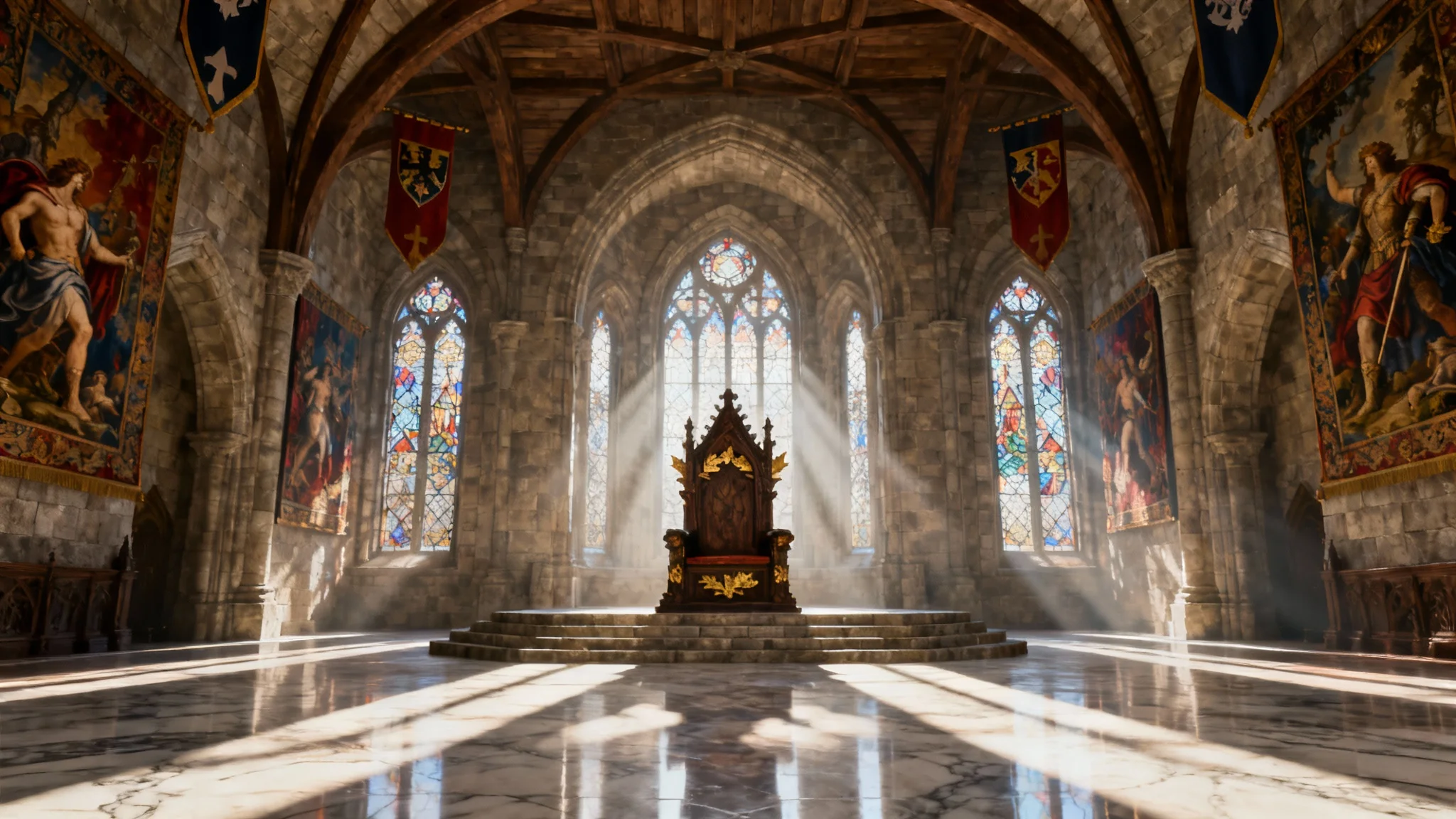 An empty, grand medieval throne room with an ornate throne on a dais, illuminated by dramatic light streaming through large stained-glass windows.