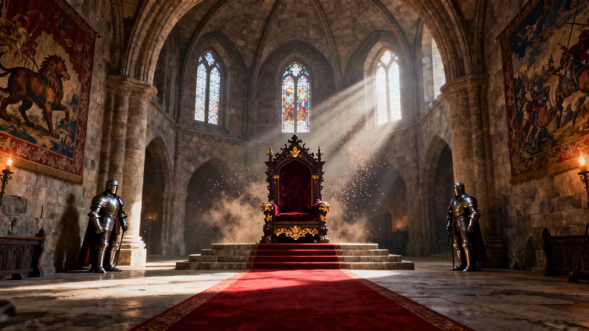 A majestic and empty medieval throne room, featuring an ornate throne on a raised platform, with sunlight streaming through large stained-glass windows creating a dramatic and awe-inspiring atmosphere.