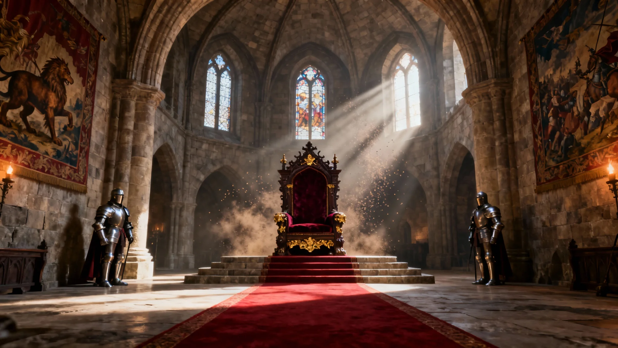 A majestic and empty medieval throne room, featuring an ornate throne on a raised platform, with sunlight streaming through large stained-glass windows creating a dramatic and awe-inspiring atmosphere.
