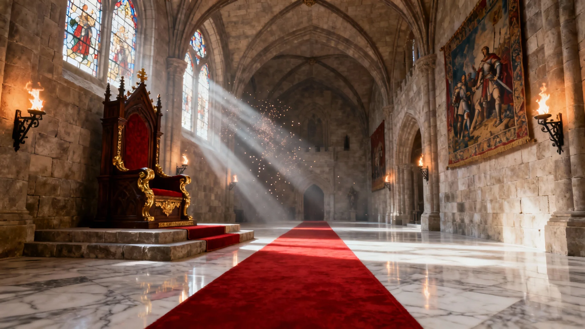 A majestic and empty medieval throne room, with an ornate throne on a raised platform, a long red carpet, and light streaming through large windows, presented as a mockup on a white background.