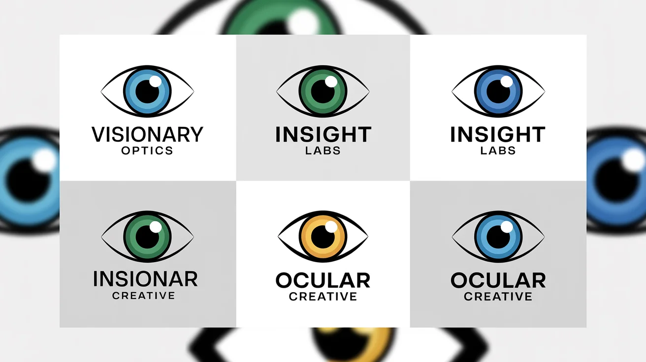 A collection of professionally designed eye logos arranged in a grid, showcasing various styles from minimalist to illustrative for brands like 'Visionary Optics' and 'Insight Labs'.