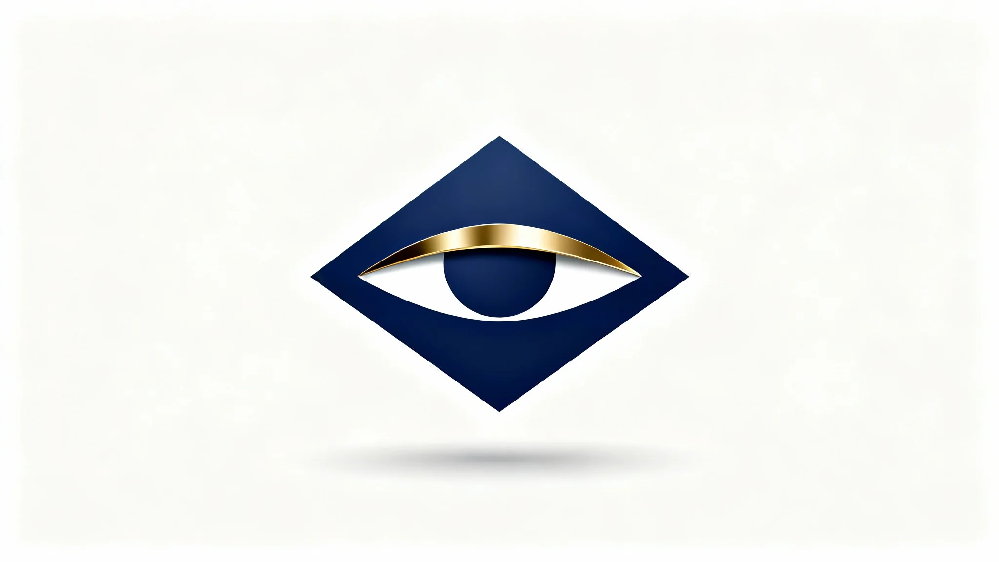 A minimalist logo featuring a navy blue and gold abstract eye icon, presented on a crisp white background.