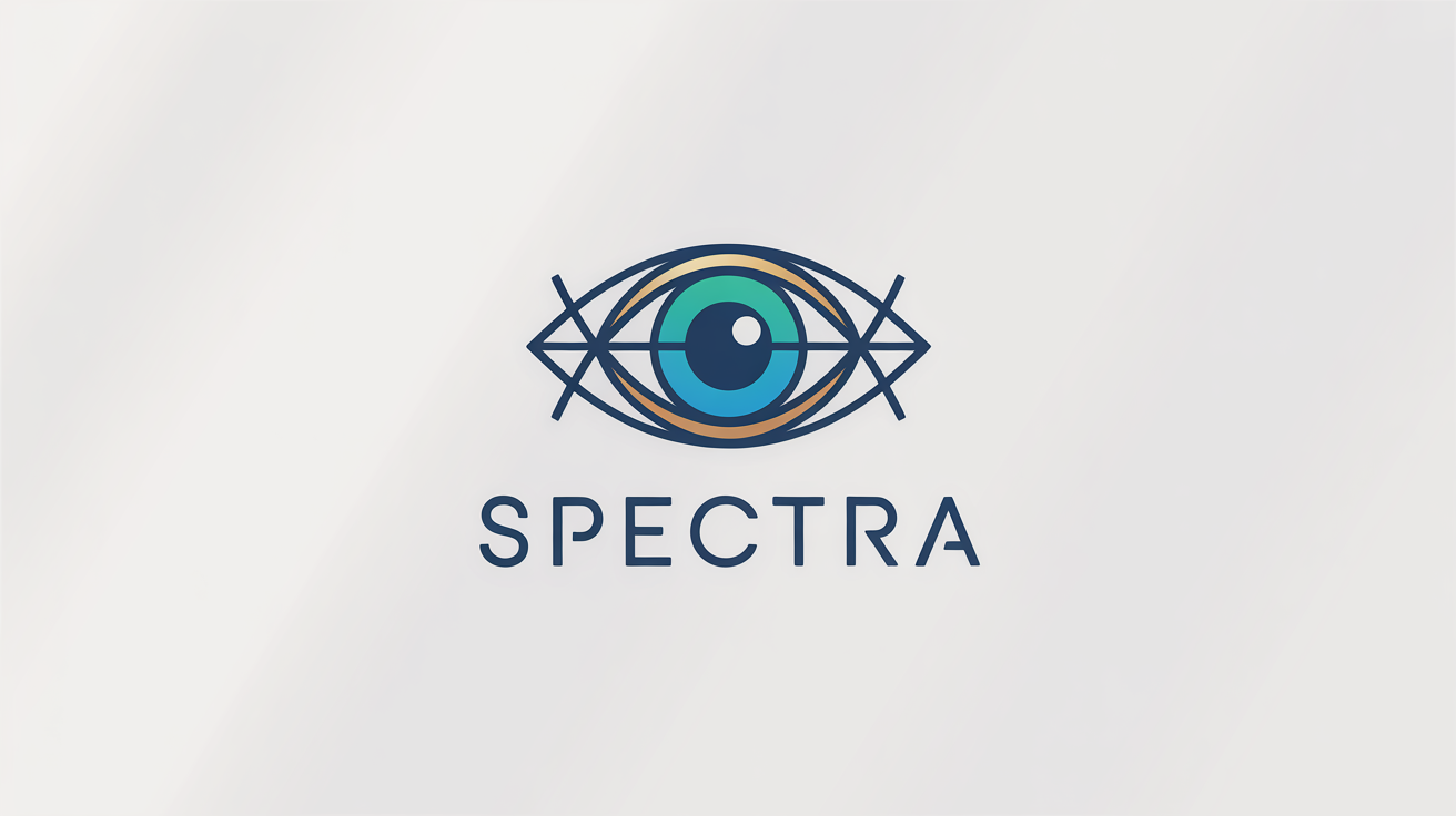 A modern, minimalist eye logo for the brand 'SPECTRA', designed with navy blue, teal, and gold geometric lines, presented on a clean white background.