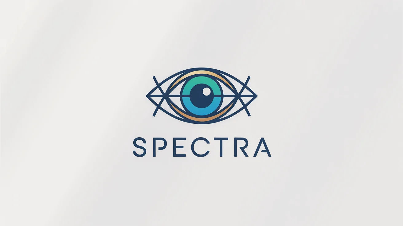 A modern, minimalist eye logo for the brand 'SPECTRA', designed with navy blue, teal, and gold geometric lines, presented on a clean white background.