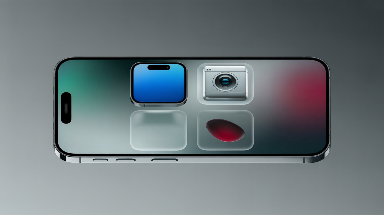 A collection of professional, modern iOS app icons with transparent backgrounds, floating over a blurred, colorful smartphone wallpaper to showcase their clean edges and design.