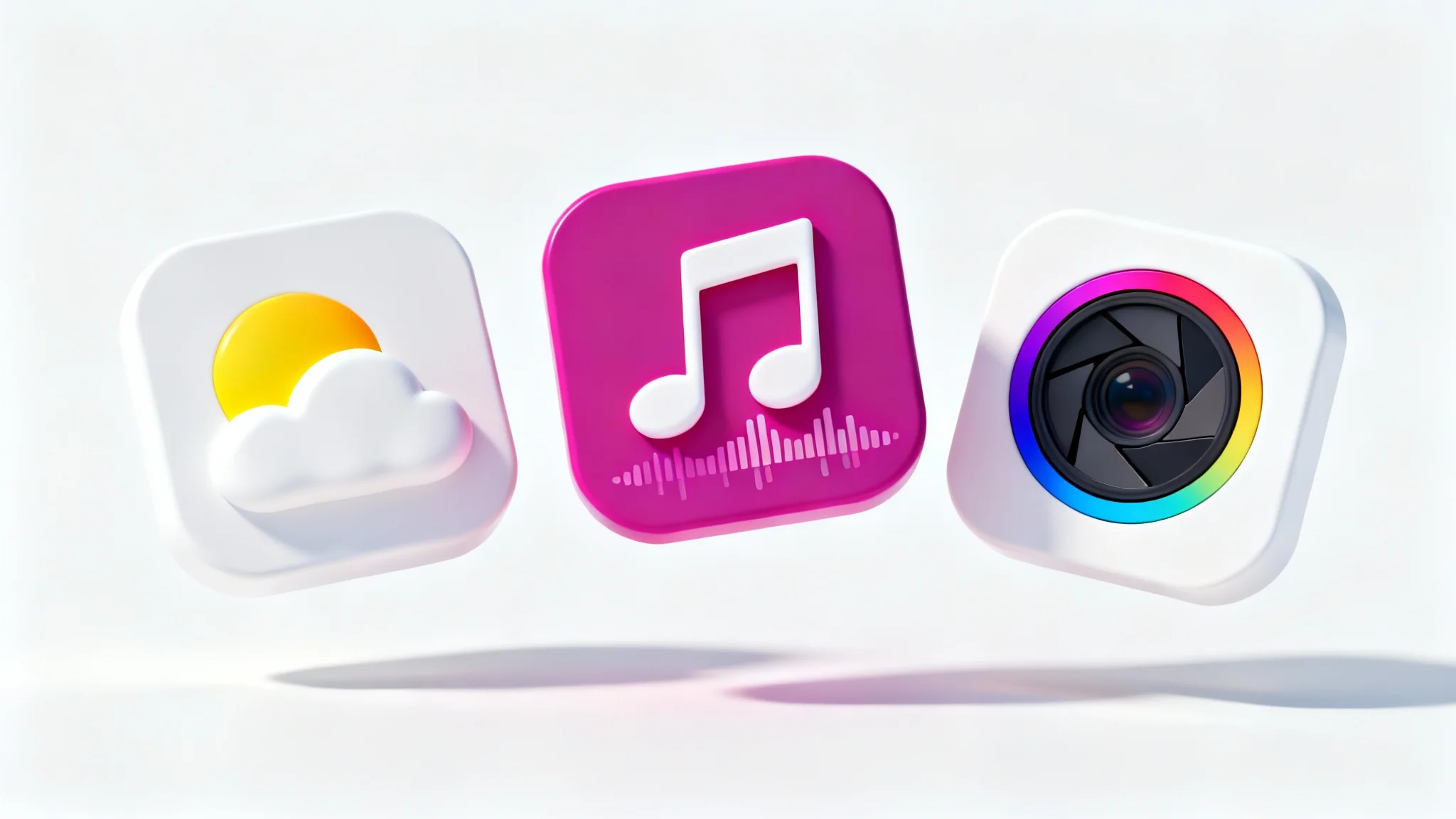 A collection of modern, glossy iOS app icons for weather, music, and photos, displayed floating against a clean white background to represent a transparent background feature.