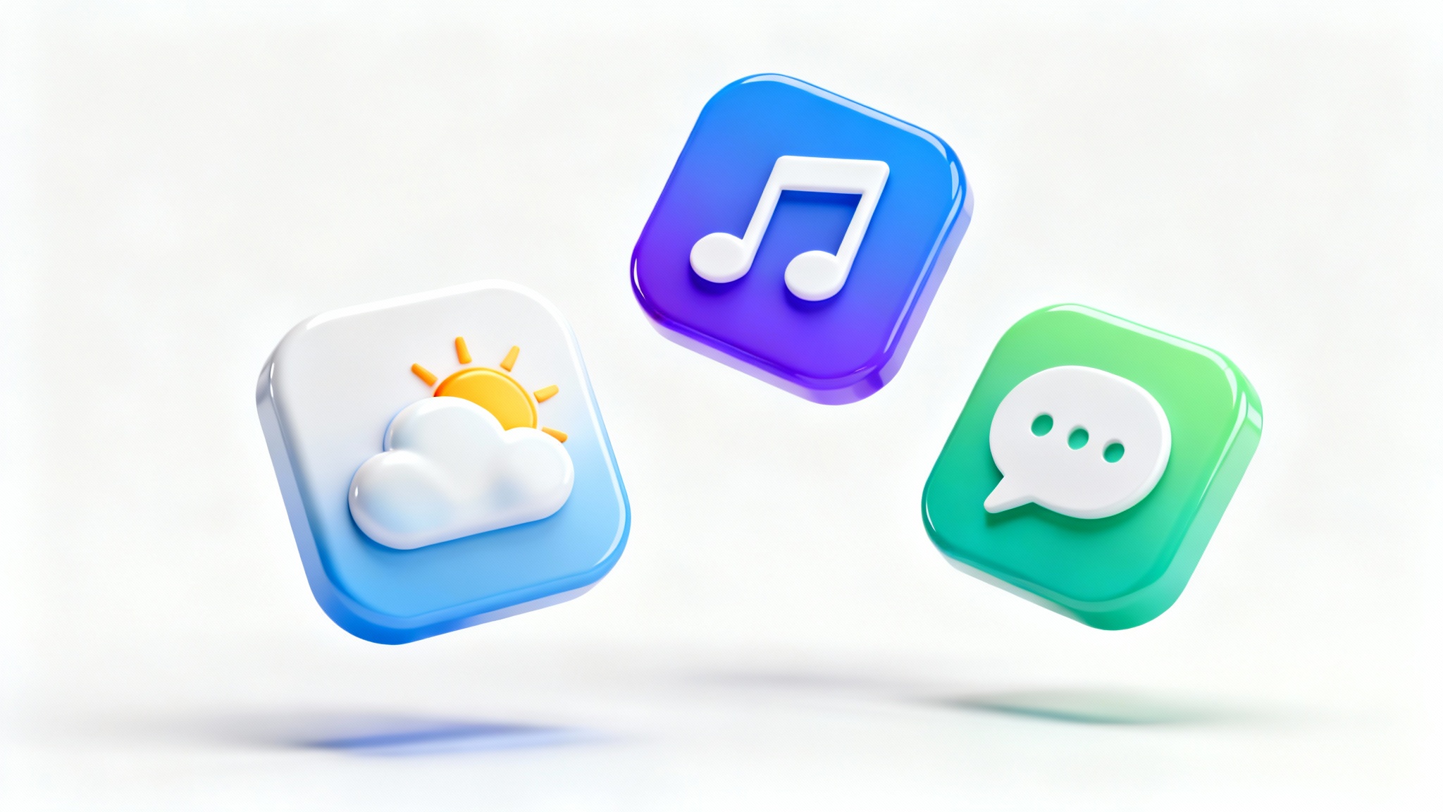 A collection of colorful, glossy, 3D iOS-style app icons floating against a clean white background, showcasing modern design.