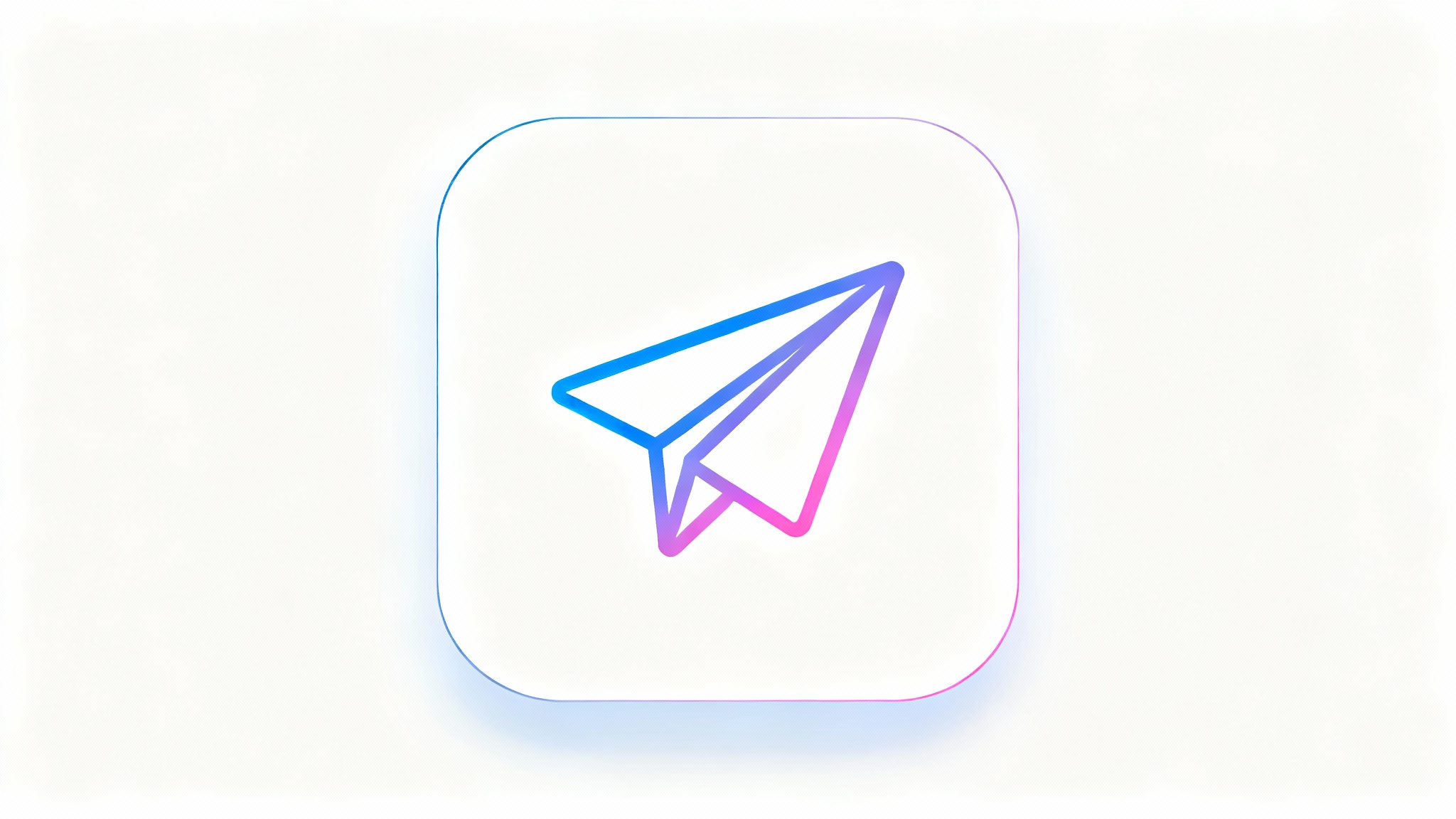 A mockup of a modern iOS app icon showing a stylized paper airplane with a blue and magenta gradient, presented on a clean white background.
