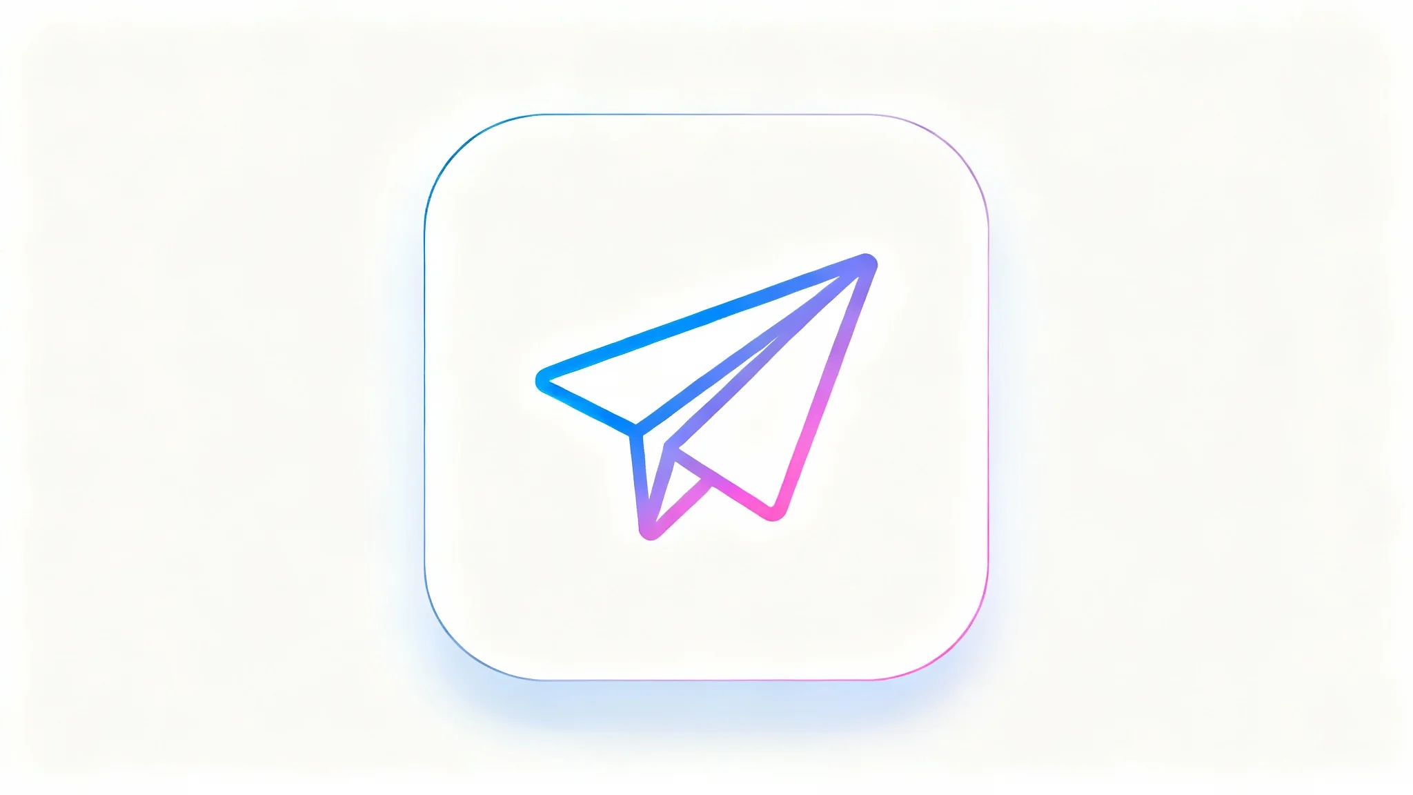 A mockup of a modern iOS app icon showing a stylized paper airplane with a blue and magenta gradient, presented on a clean white background.