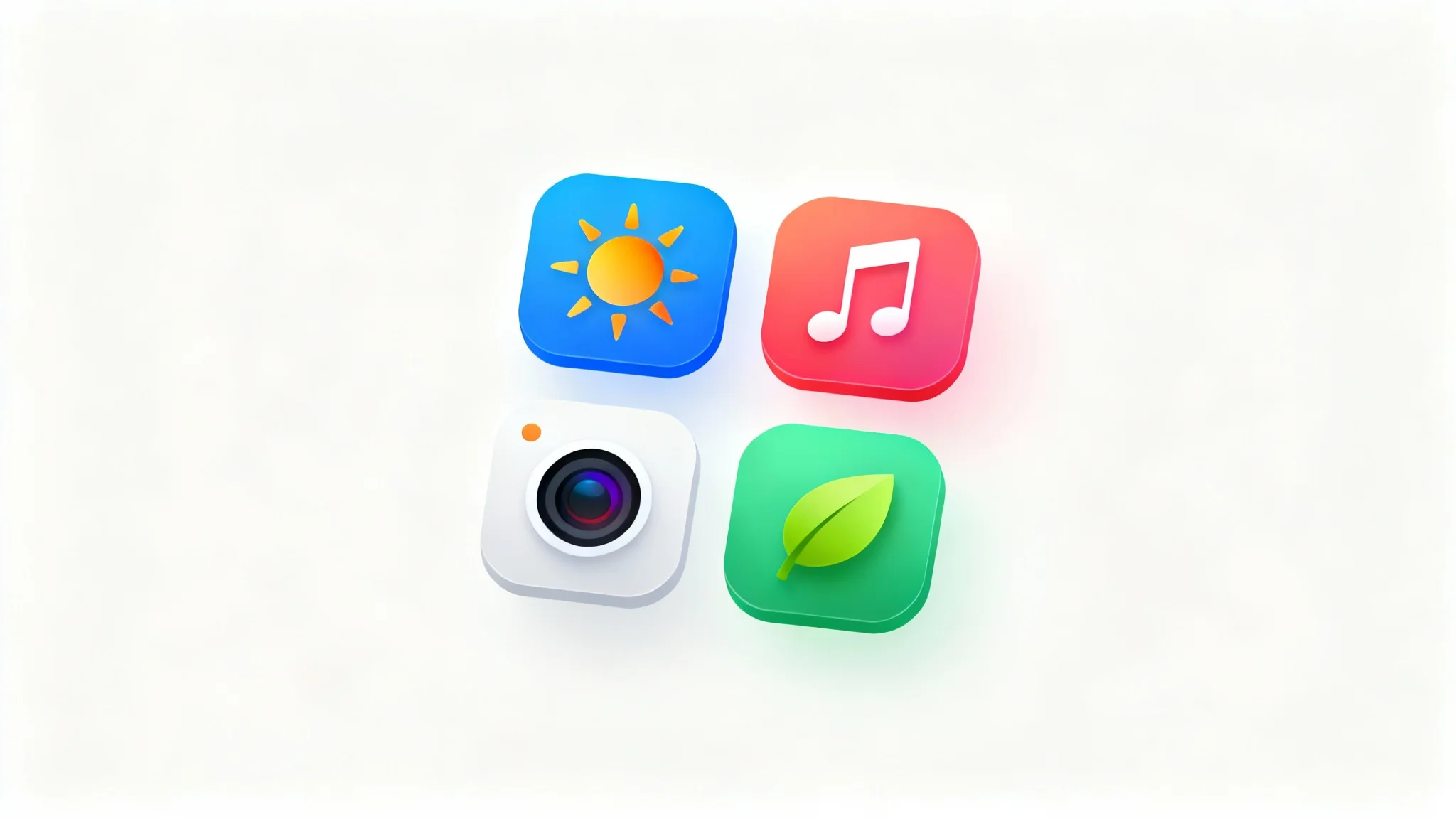 A collection of modern, colorful iOS app icons with rounded corners, displayed against a clean white background, showcasing examples like a sun, a musical note, and a camera lens.