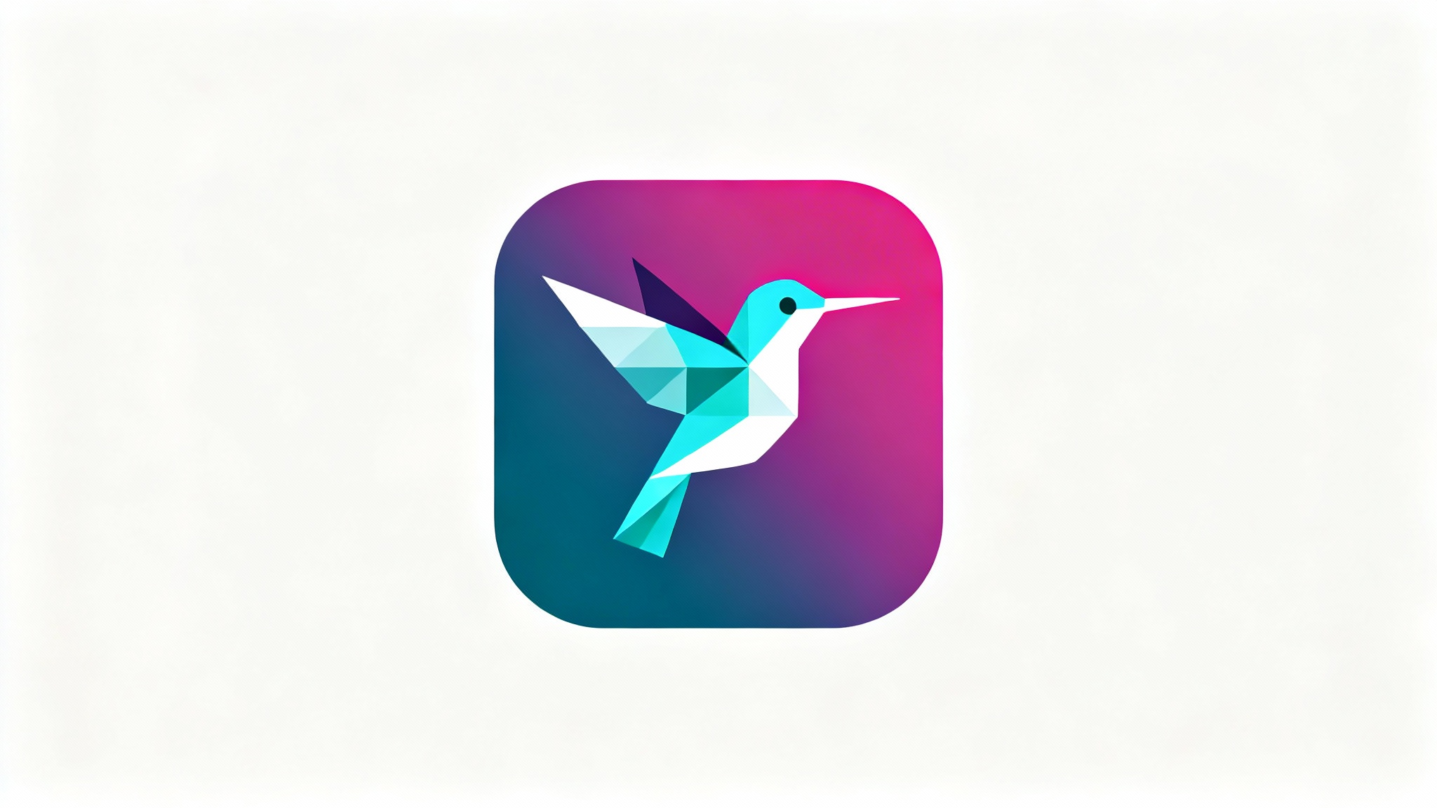 A modern iOS app icon of a minimalist, geometric hummingbird, designed with a cyan and magenta gradient, displayed on a clean white background.