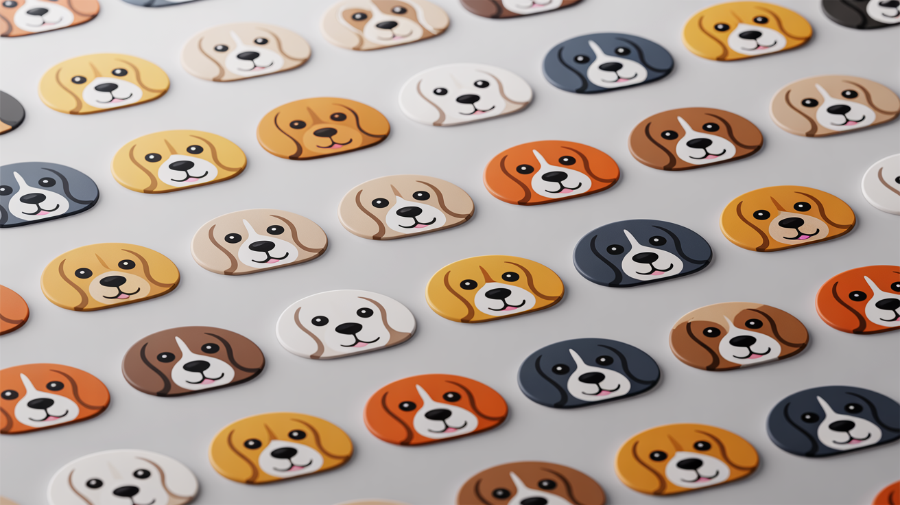 A showcase grid of various cute, cartoon-style dog icons in different breeds, presented in a clean and modern design layout.