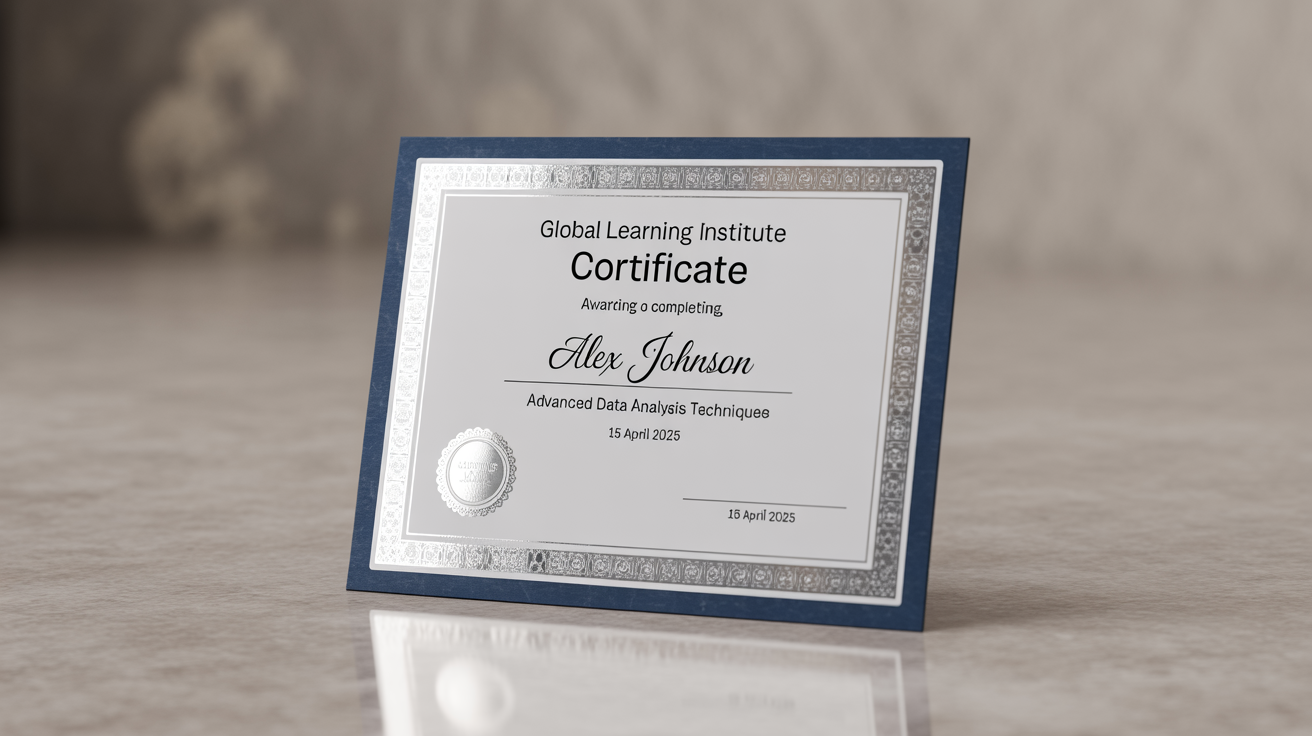 A professionally designed course completion certificate for 'Advanced Data Analysis Techniques', presented on a clean background. The certificate features a navy blue and silver border, the name 'Alex Johnson', and the 'Global Learning Institute' seal.