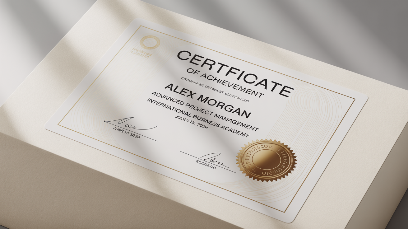 A modern and professional course certificate for 'Advanced Project Management' awarded to 'Alex Morgan', featuring a gold seal and displayed on a clean white background.