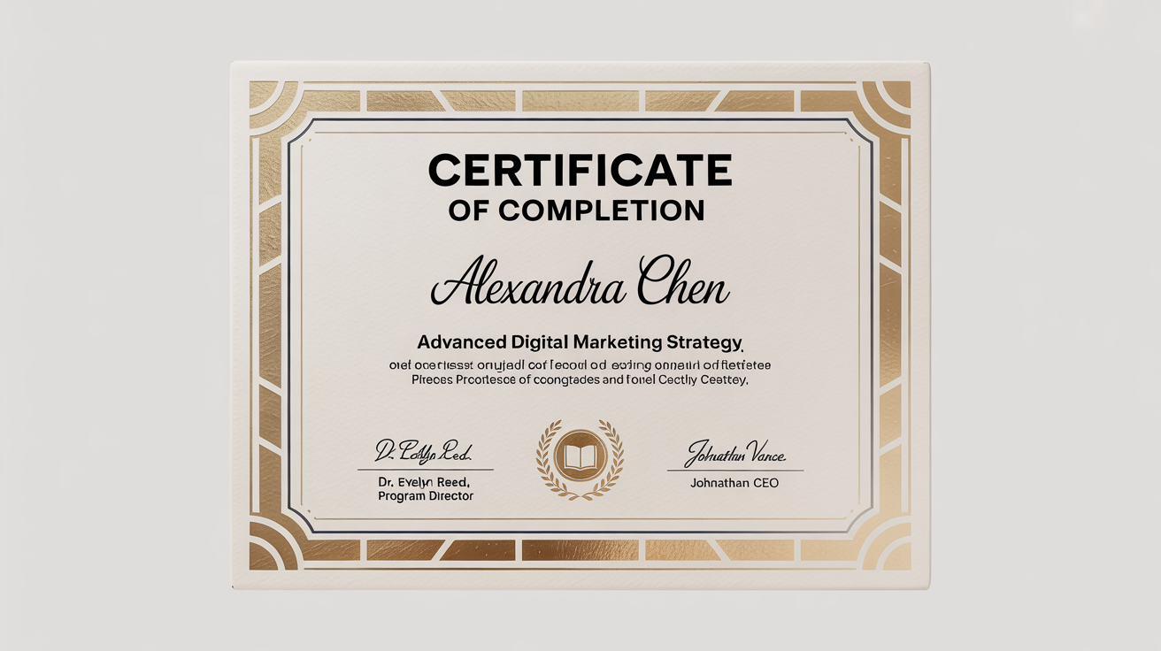 A professional, modern course certificate for 'Advanced Digital Marketing Strategy' with gold foil details, awarded to Alexandra Chen, displayed on a white background.
