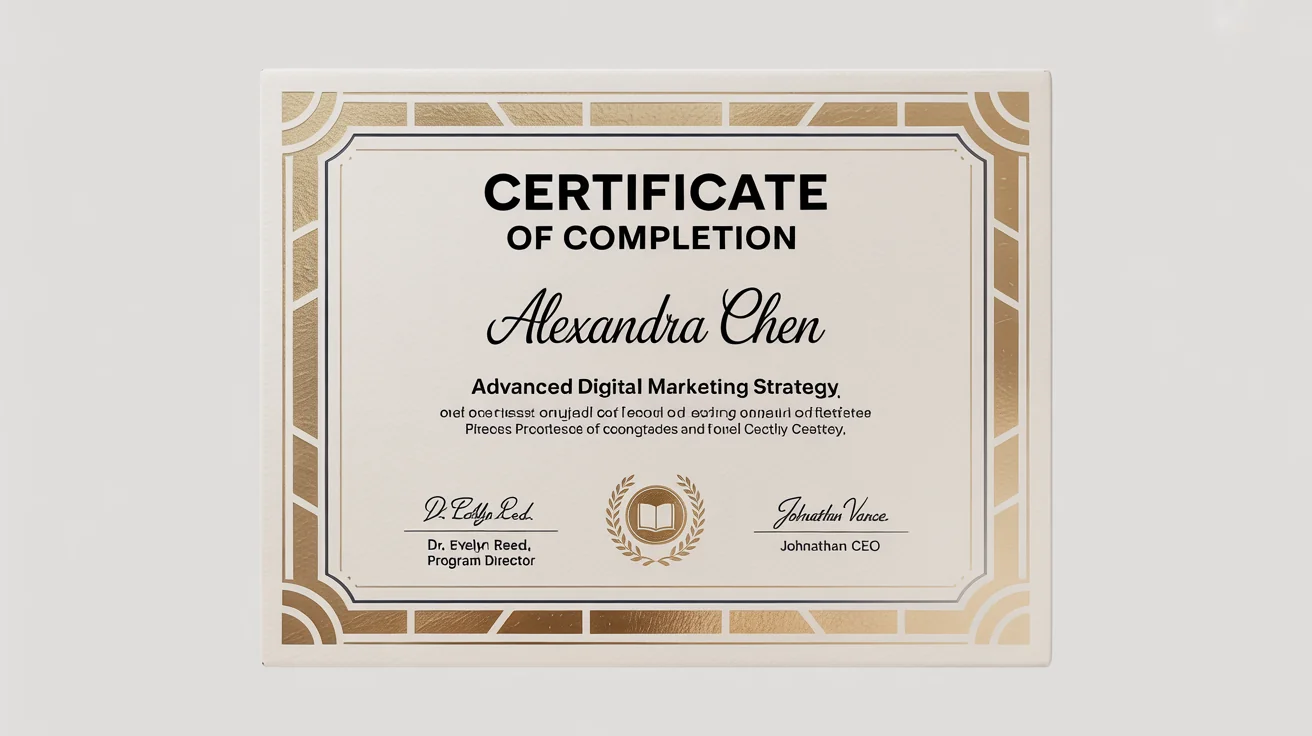 A professional, modern course certificate for 'Advanced Digital Marketing Strategy' with gold foil details, awarded to Alexandra Chen, displayed on a white background.