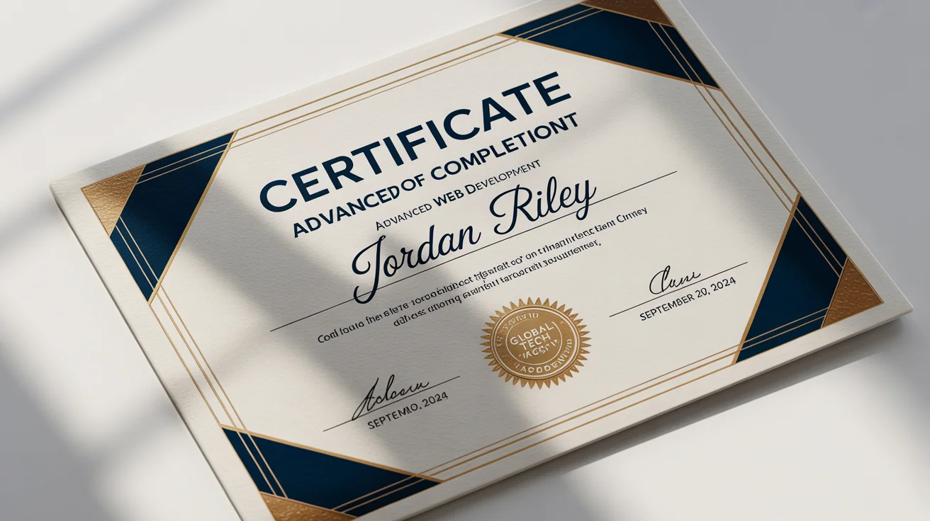 A professional-looking course certificate for 'Advanced Web Development' from the 'Global Tech Academy', presented as a mockup on a clean white background, featuring blue and gold accents and an official seal.