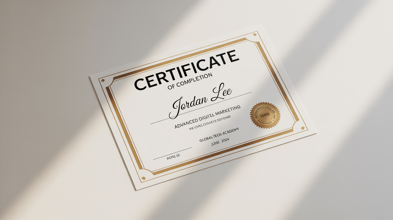 A professional-looking course certificate for 'Advanced Digital Marketing' awarded to 'Jordan Lee' from the 'Global Tech Academy', displayed on a white background.