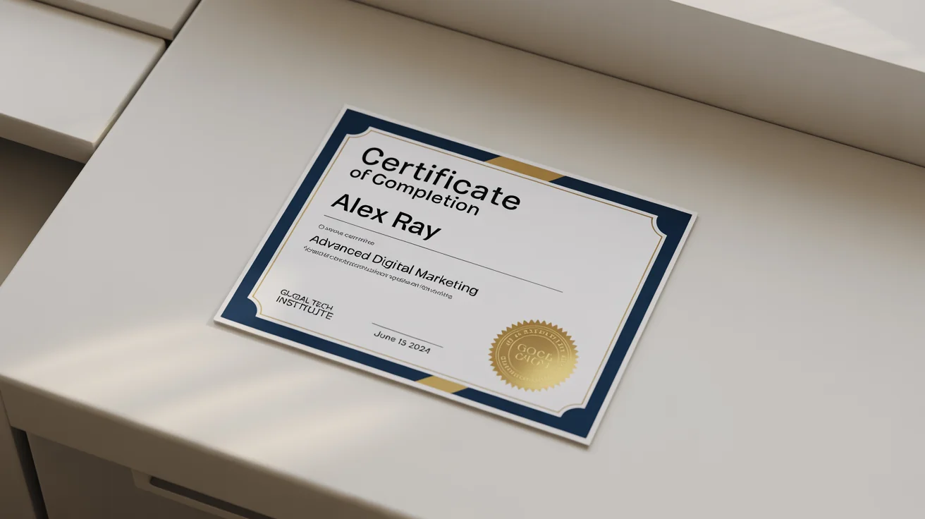 A professional mockup of a course completion certificate for 'Advanced Digital Marketing' awarded to 'Alex Ray' by the 'Global Tech Institute', featuring an elegant design on a white background.