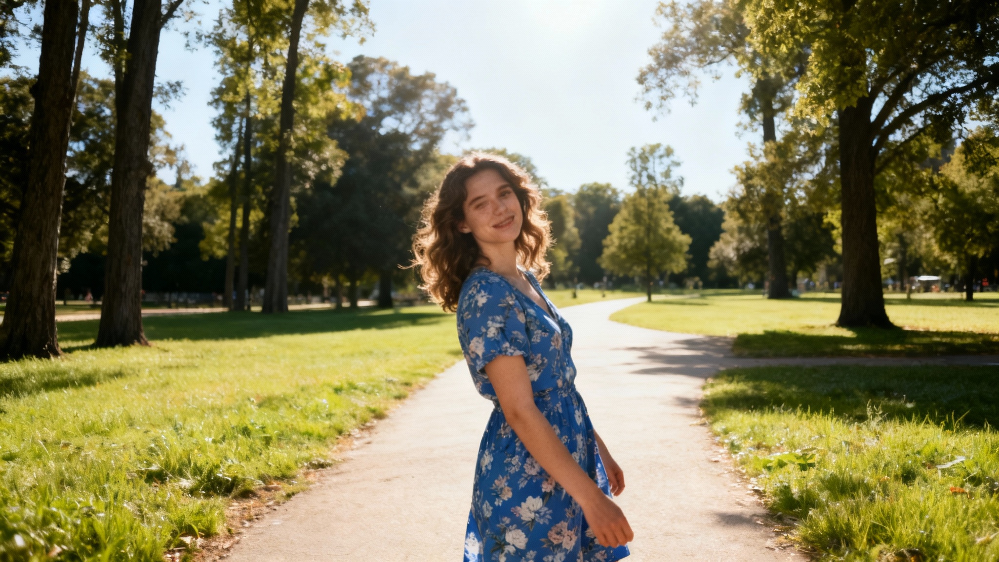 A perfectly straight, perspective-corrected photo of a person in a vibrant blue dress standing in a sunlit park, demonstrating the result of a photo-skew fixing tool.