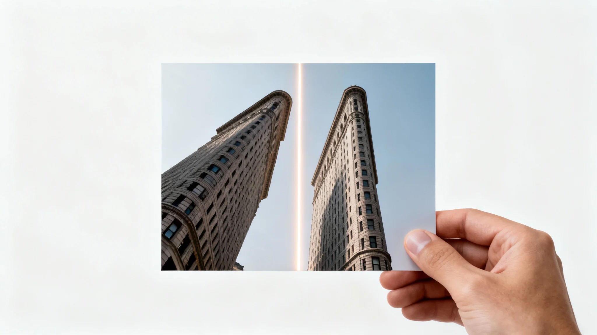 A hand holding a photograph of a building that is half-skewed and half-corrected, demonstrating a photo straightening tool against a clean white background.