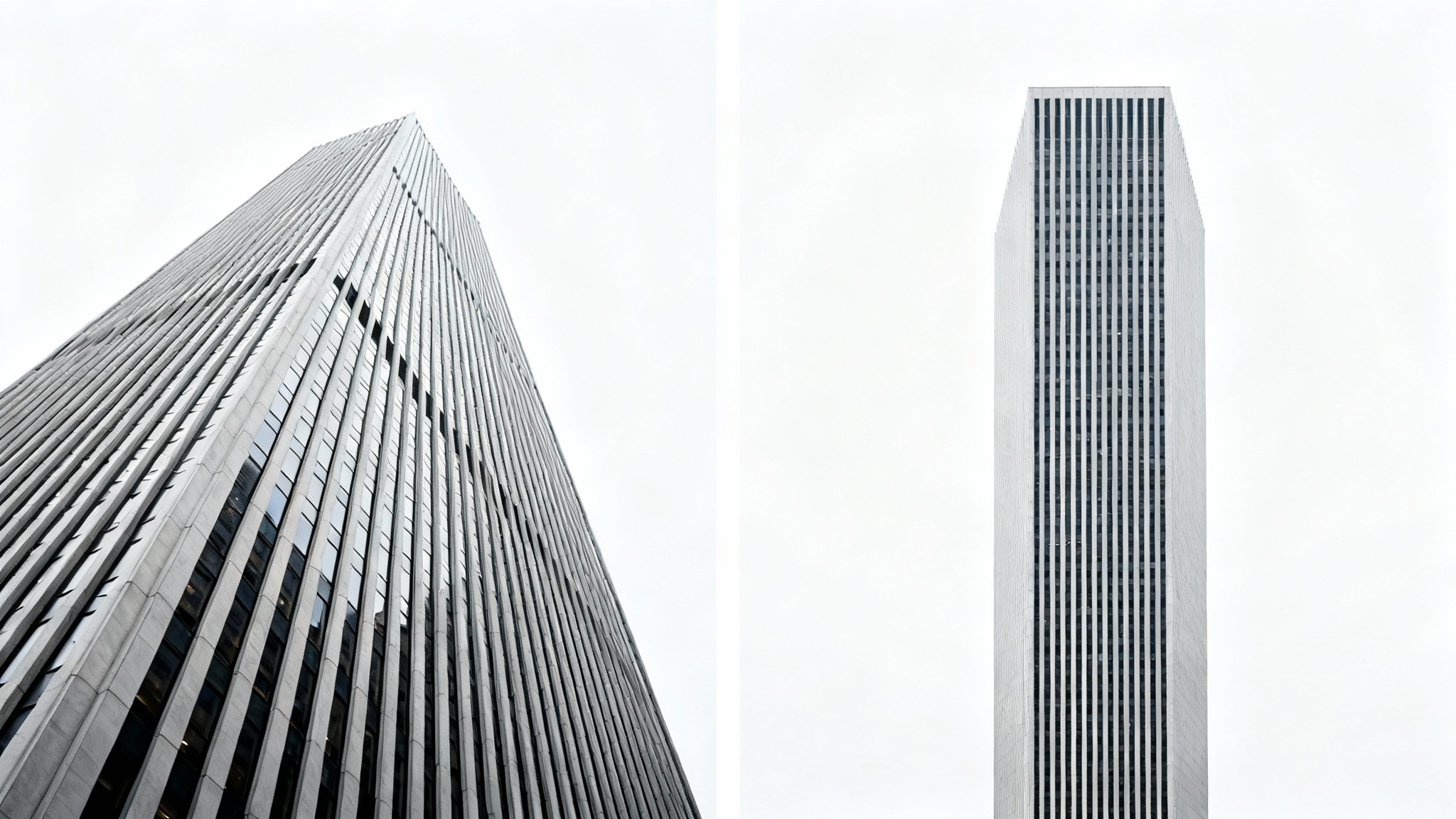 A before-and-after comparison showing a skewed photo of a skyscraper being corrected. The left image shows the building leaning back due to perspective distortion, while the right image shows the building perfectly straight and upright.