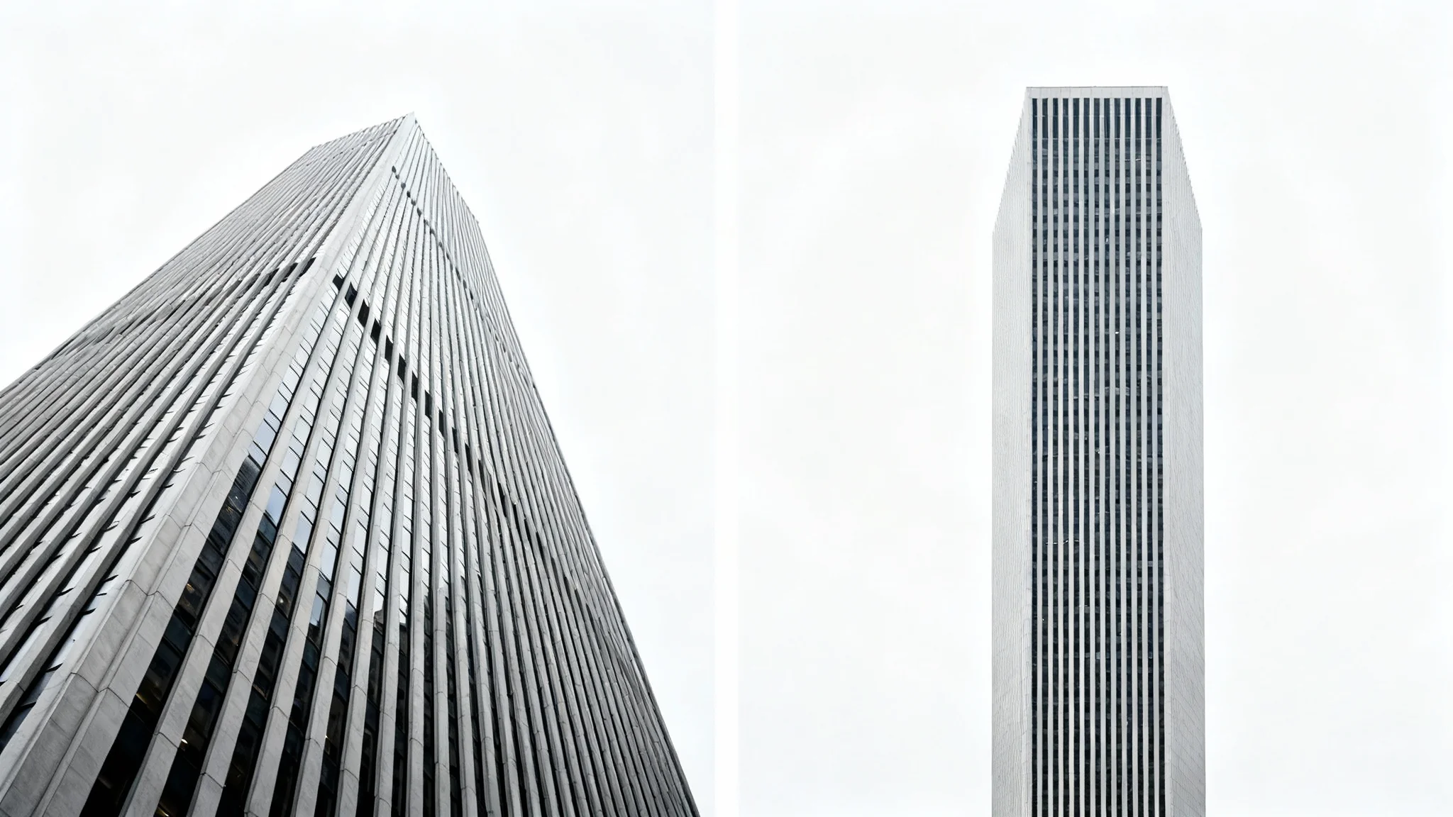 A before-and-after comparison showing a skewed photo of a skyscraper being corrected. The left image shows the building leaning back due to perspective distortion, while the right image shows the building perfectly straight and upright.