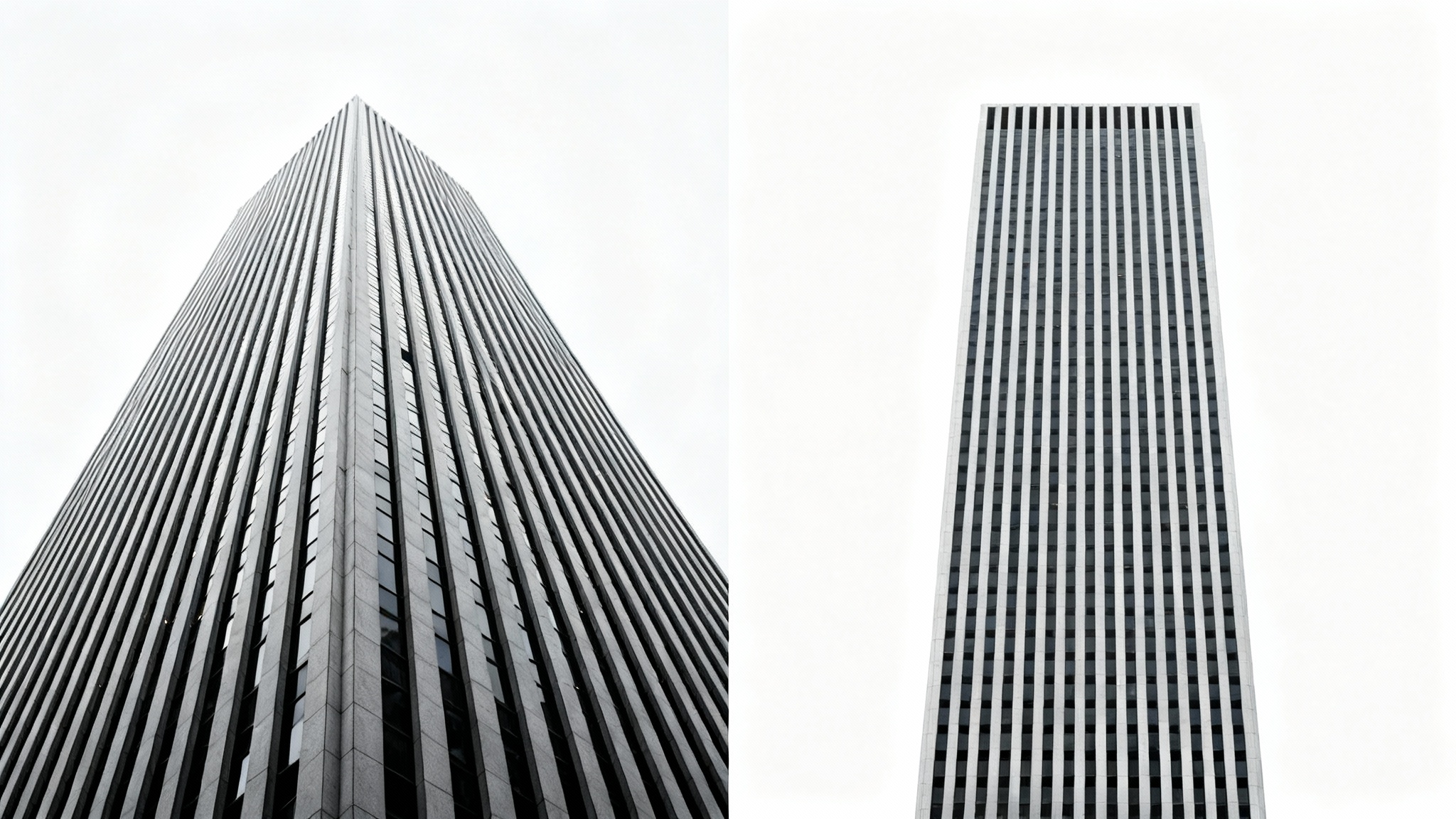 A before-and-after concept image showing a skewed photograph of a skyscraper on the left and the same photograph corrected to be perfectly straight on the right.